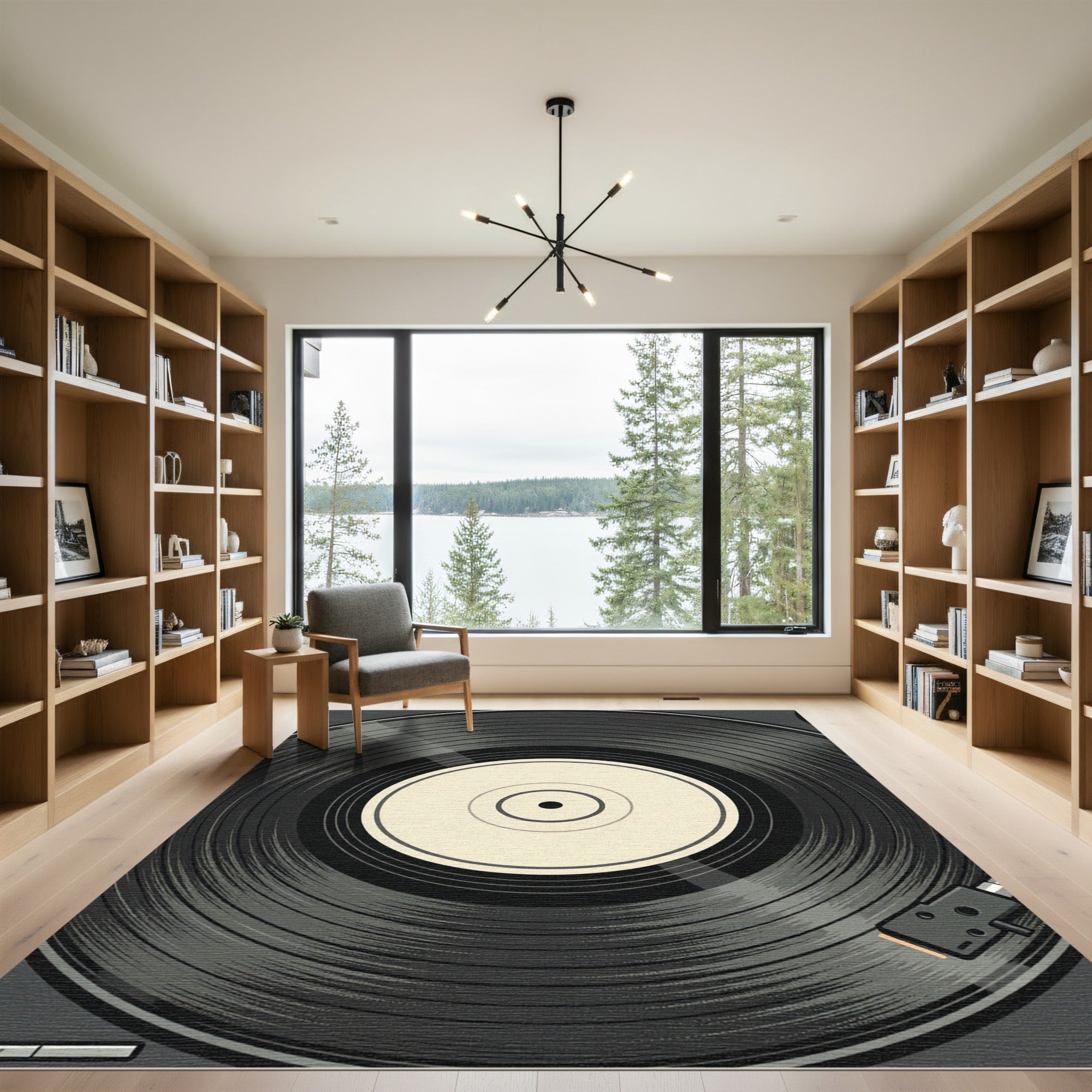 Minimalist Monochrome Vinyl Record Illustration Rug