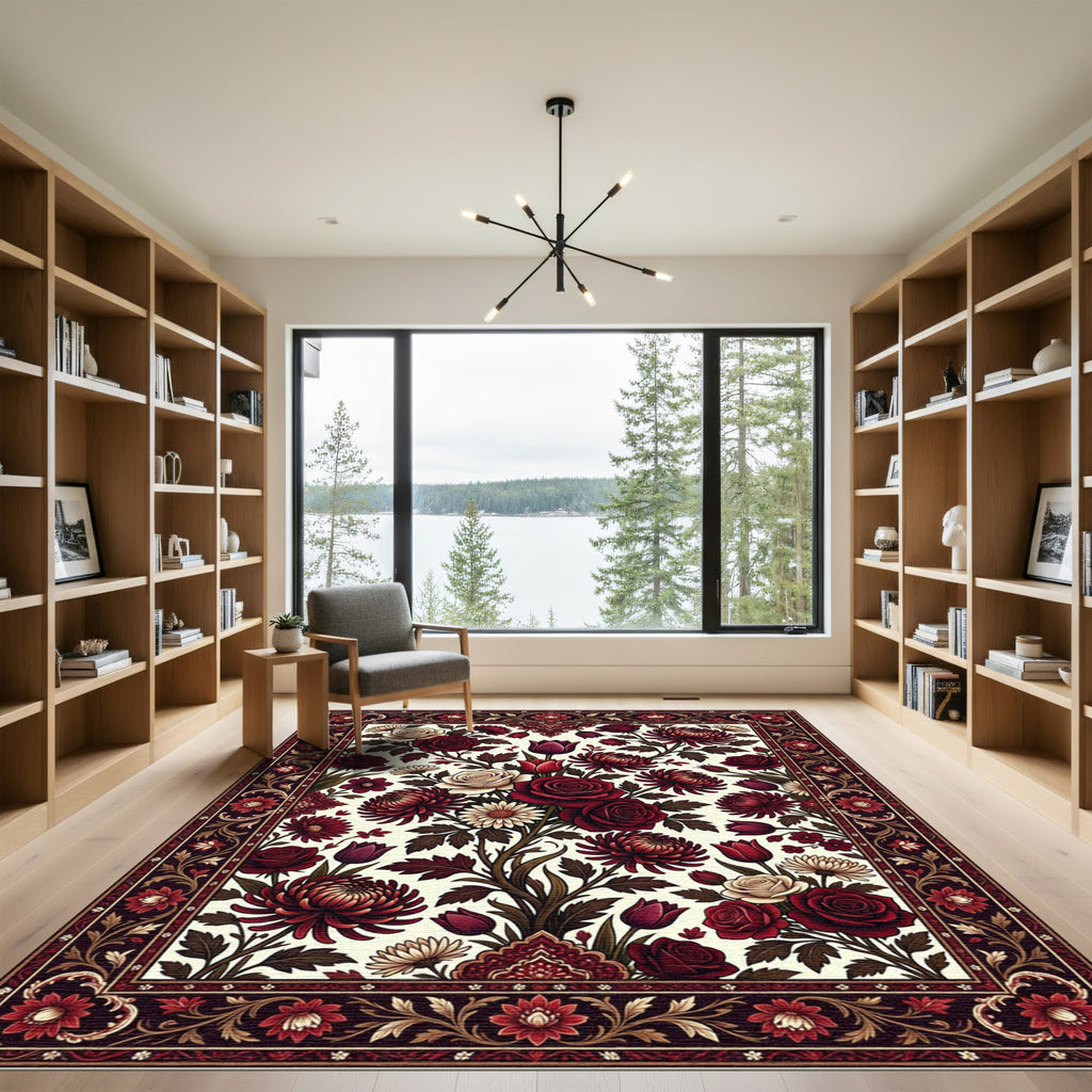 Rich Crimson Floral Blossom Medallion Rug