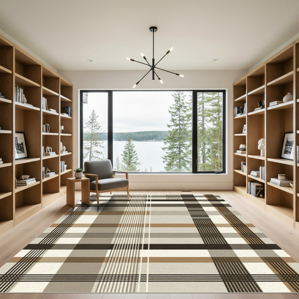 Modern Neutral Plaid Grid Check Rug