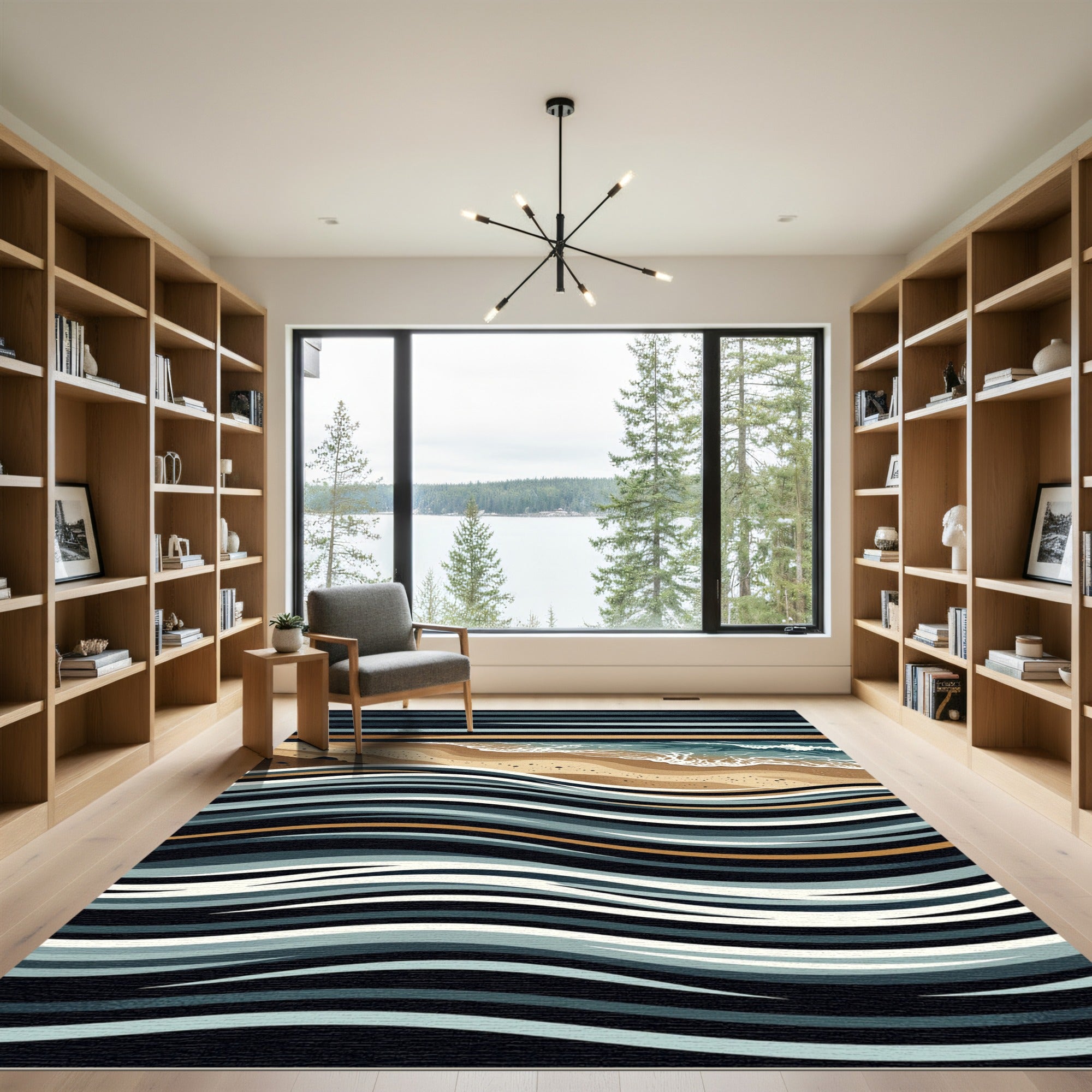 Coastal Wave Abstract Blue Gradient Striped Rug