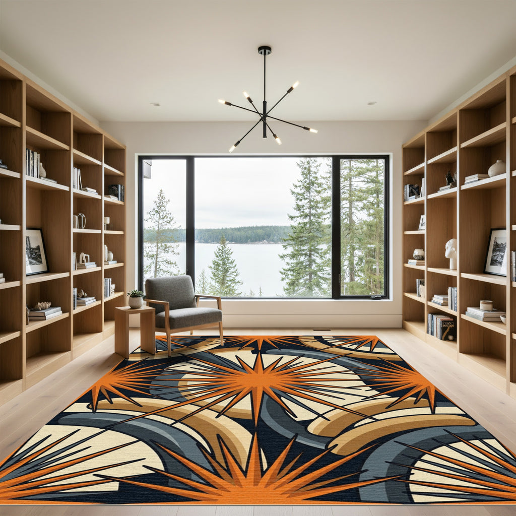 Mid Century Modern Geometric Orange Starburst Rug