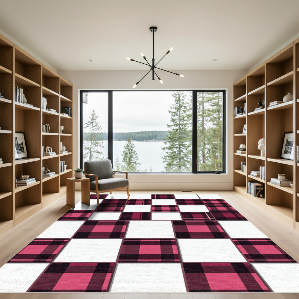 Modern Burgundy Plaid Checkerboard Block Rug