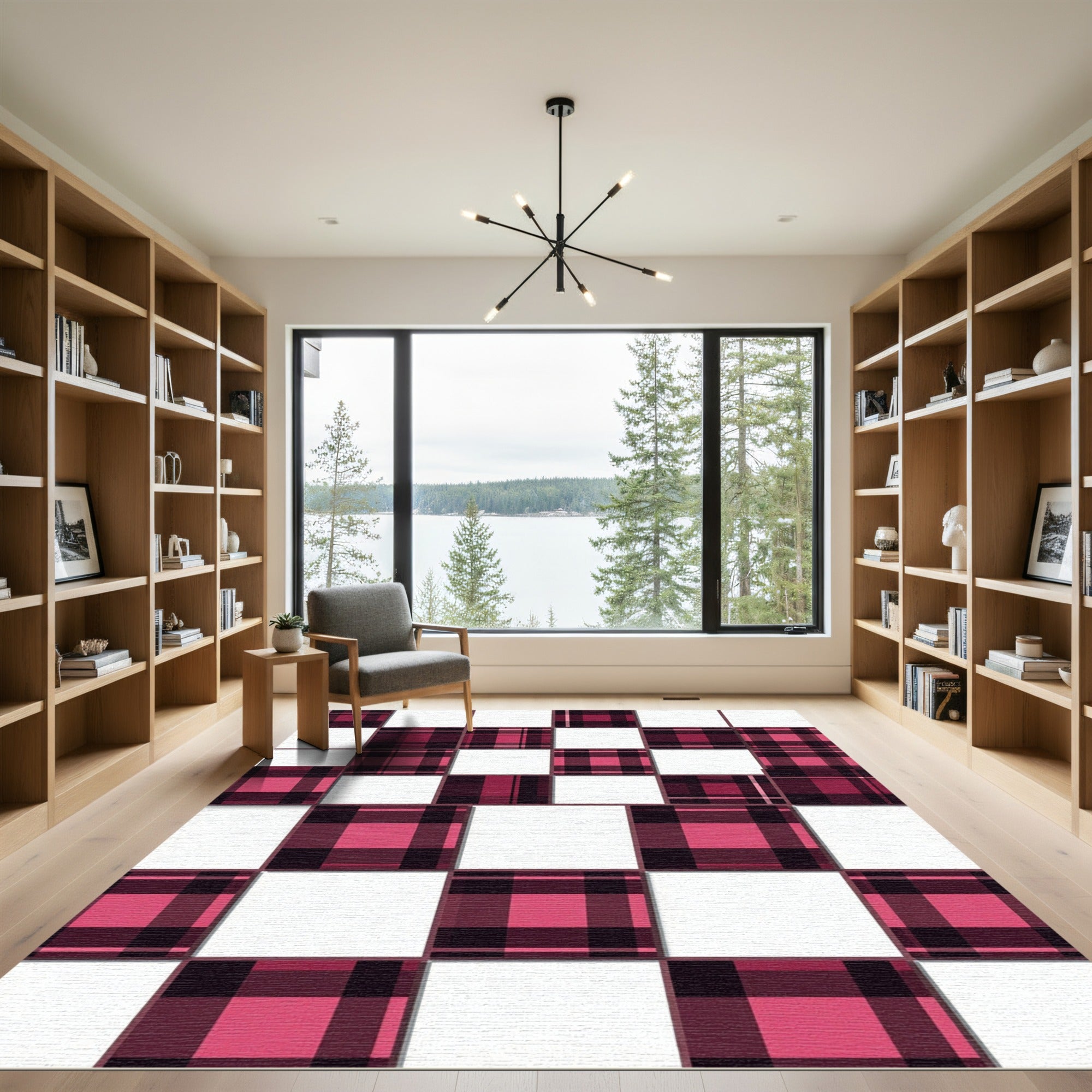 Modern Burgundy Plaid Checkerboard Block Rug