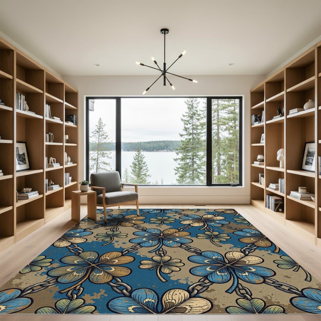 Blue Gold Clover Chain Pattern Rug