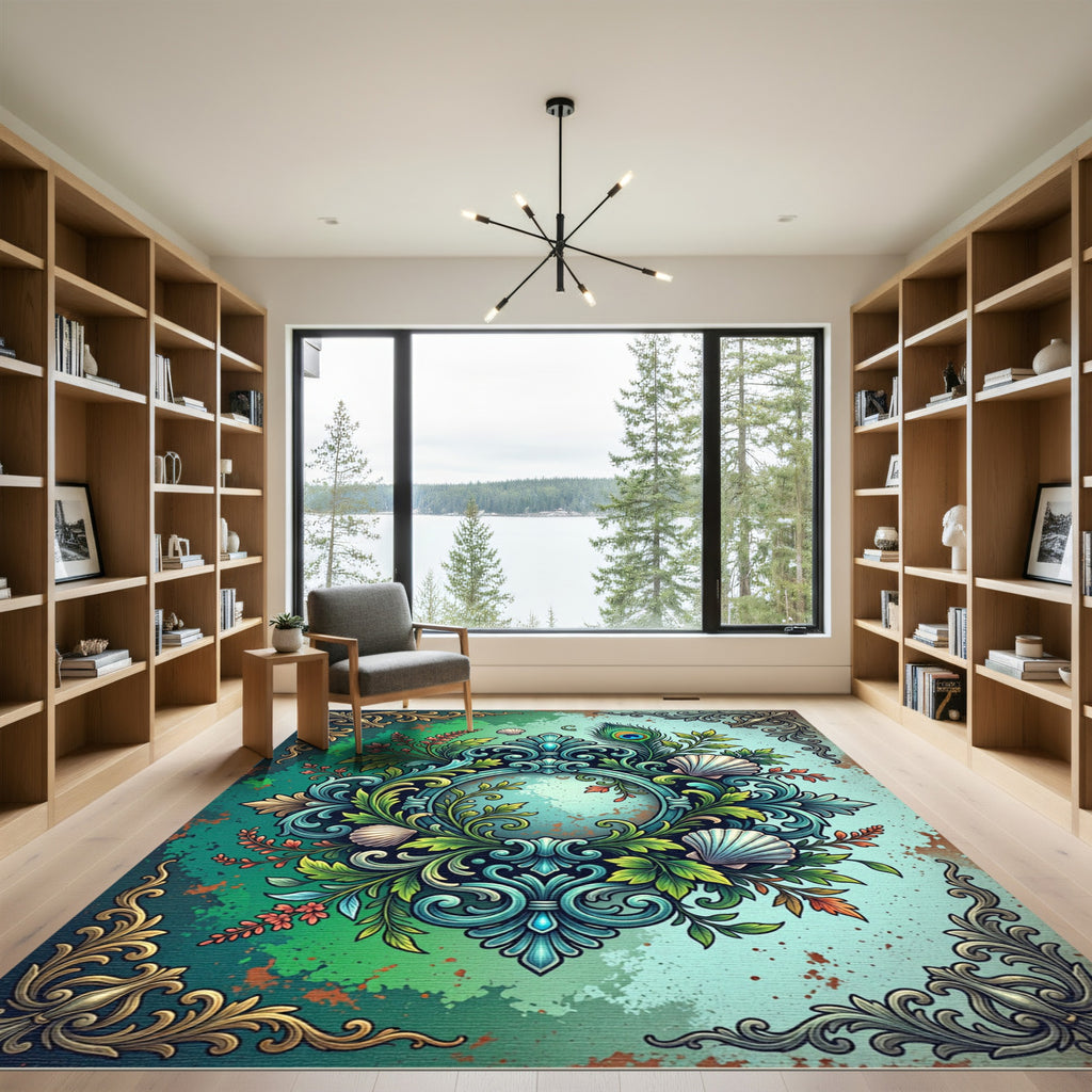 Vibrant Emerald Peacock Seashell Scrollwork Rug