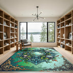 Vibrant Emerald Peacock Seashell Scrollwork Rug