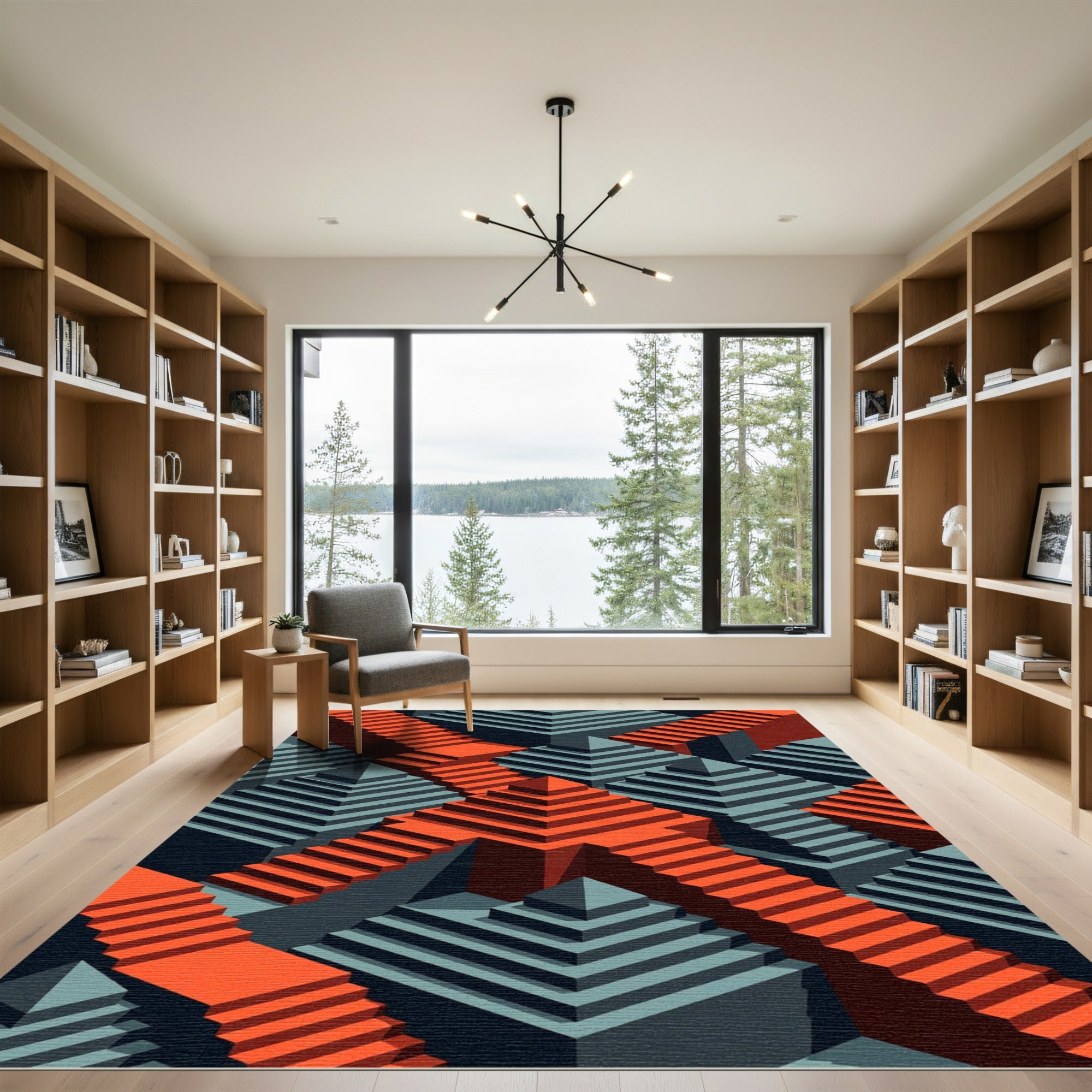 Crimson Orange Staircase Illusion Rug