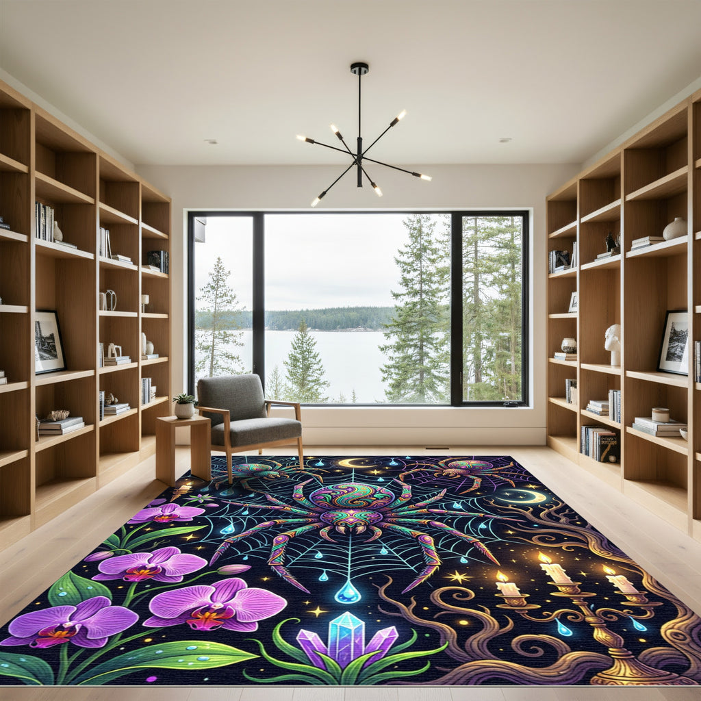 Mystical Neon Spider Web Floral Moon Rug