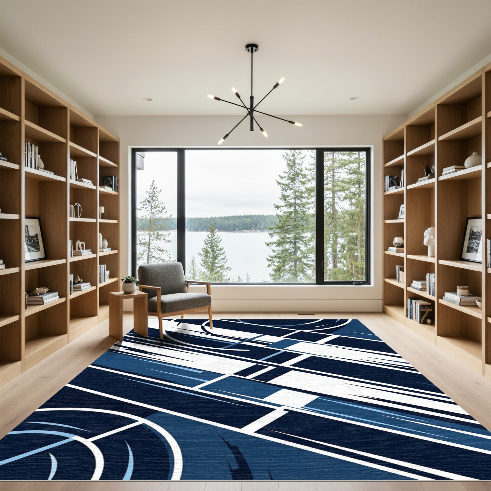 Modern Geometric Navy and White Lines Rug