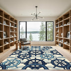 Navy Blue Ship Wheel Waves Rug