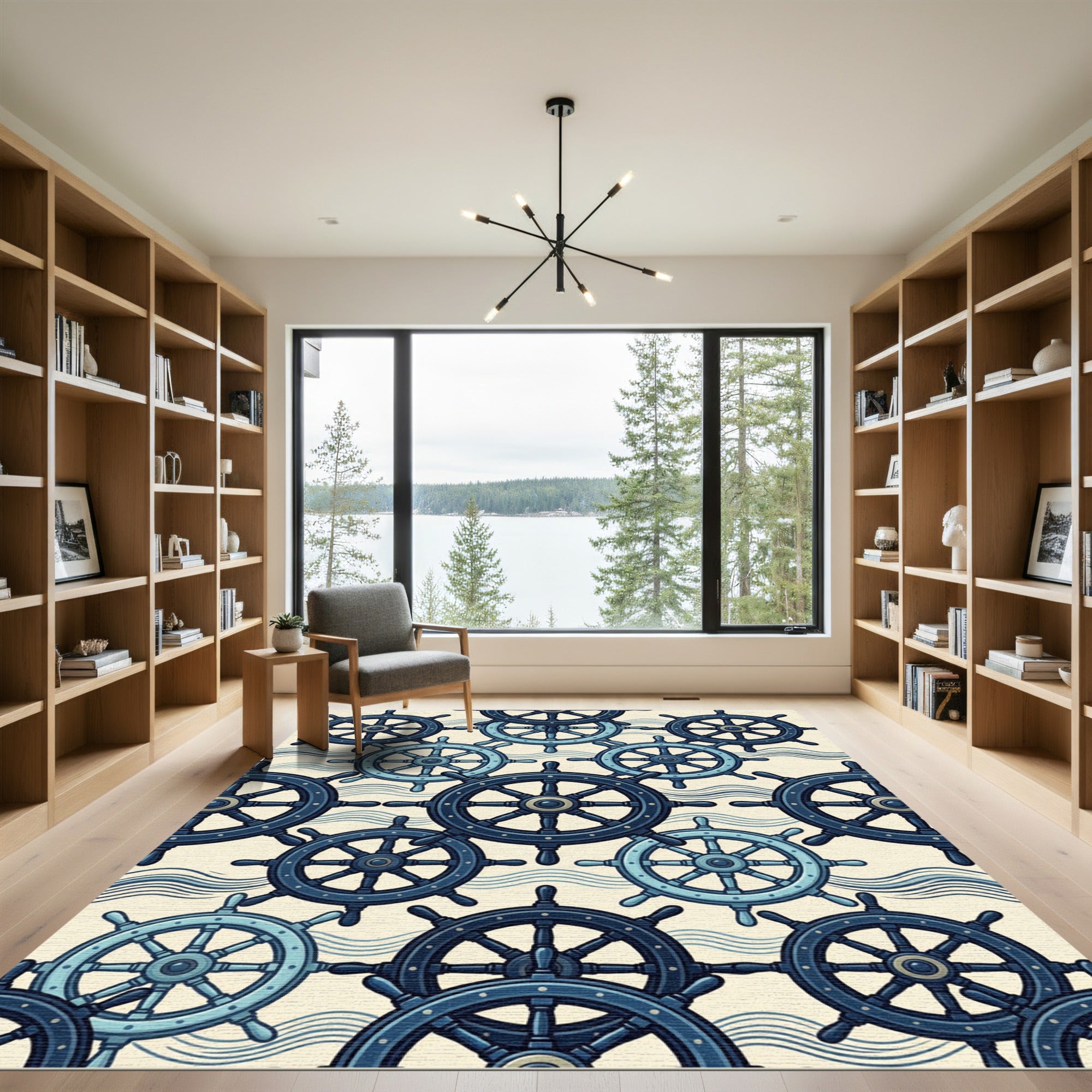 Navy Blue Ship Wheel Waves Rug