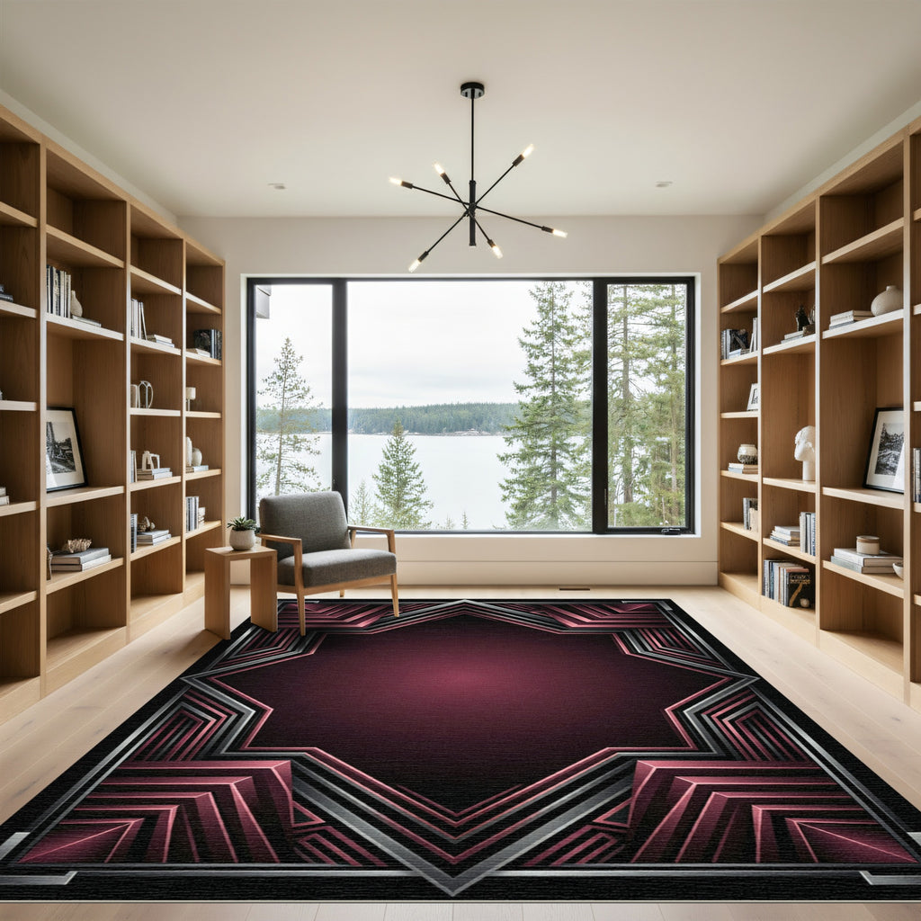 Crimson Art Deco Geometric Frame Rug