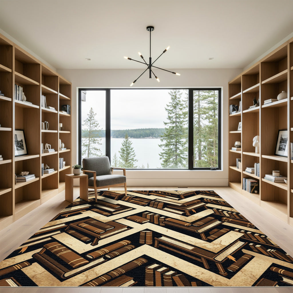 Antique Brown Bookshelf Zigzag Geometric Rug