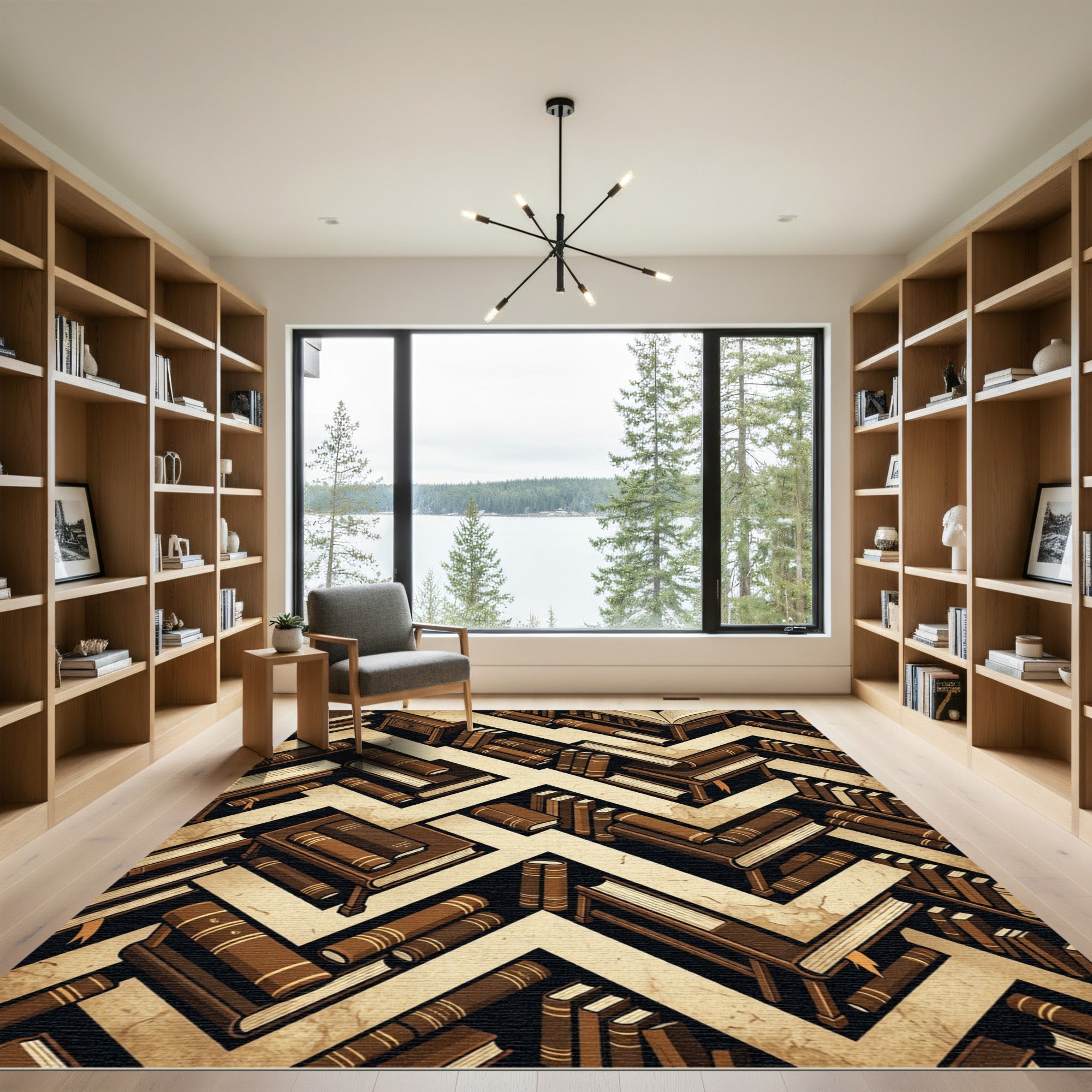 Antique Brown Bookshelf Zigzag Geometric Rug
