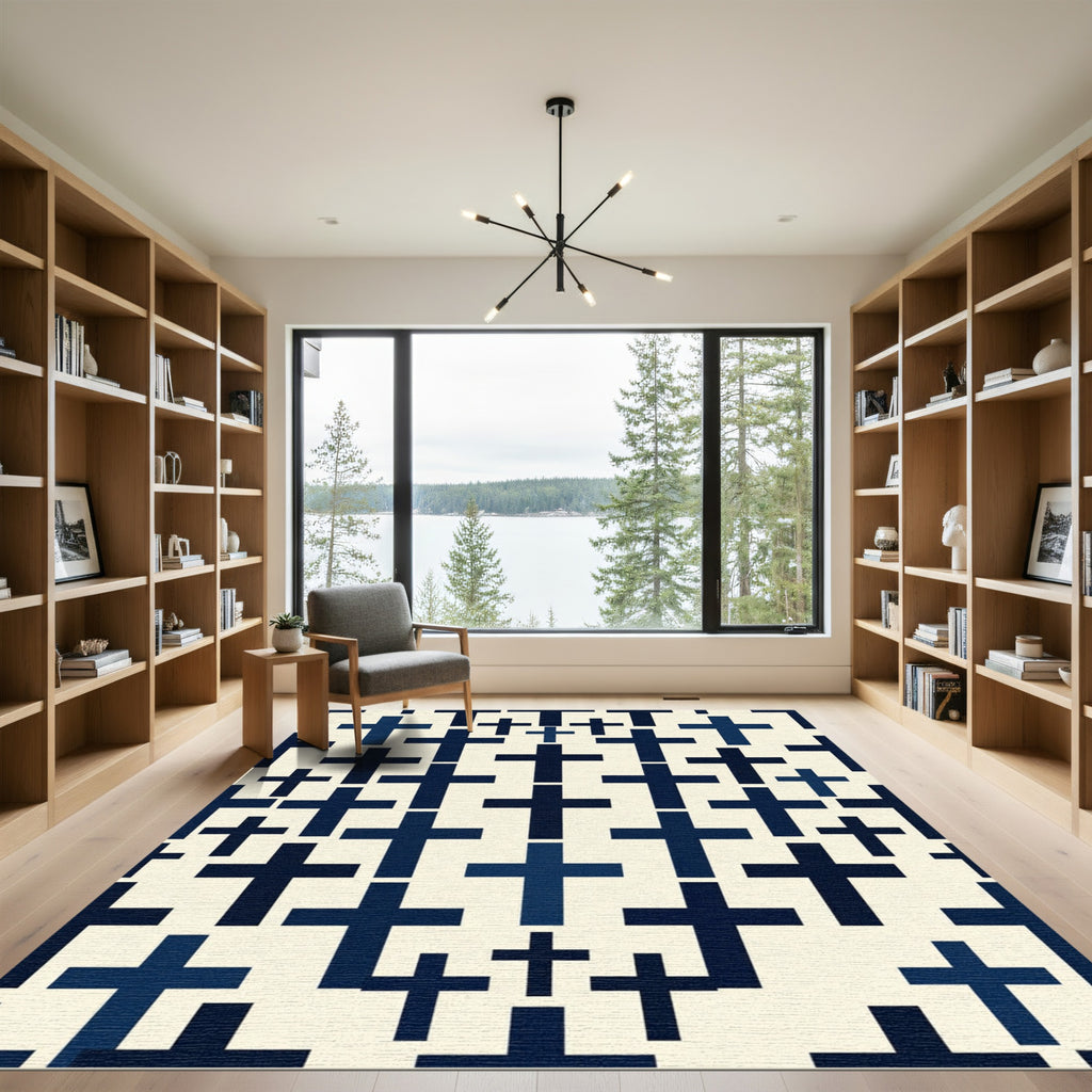 Navy Blue Geometric Cross Grid Rug