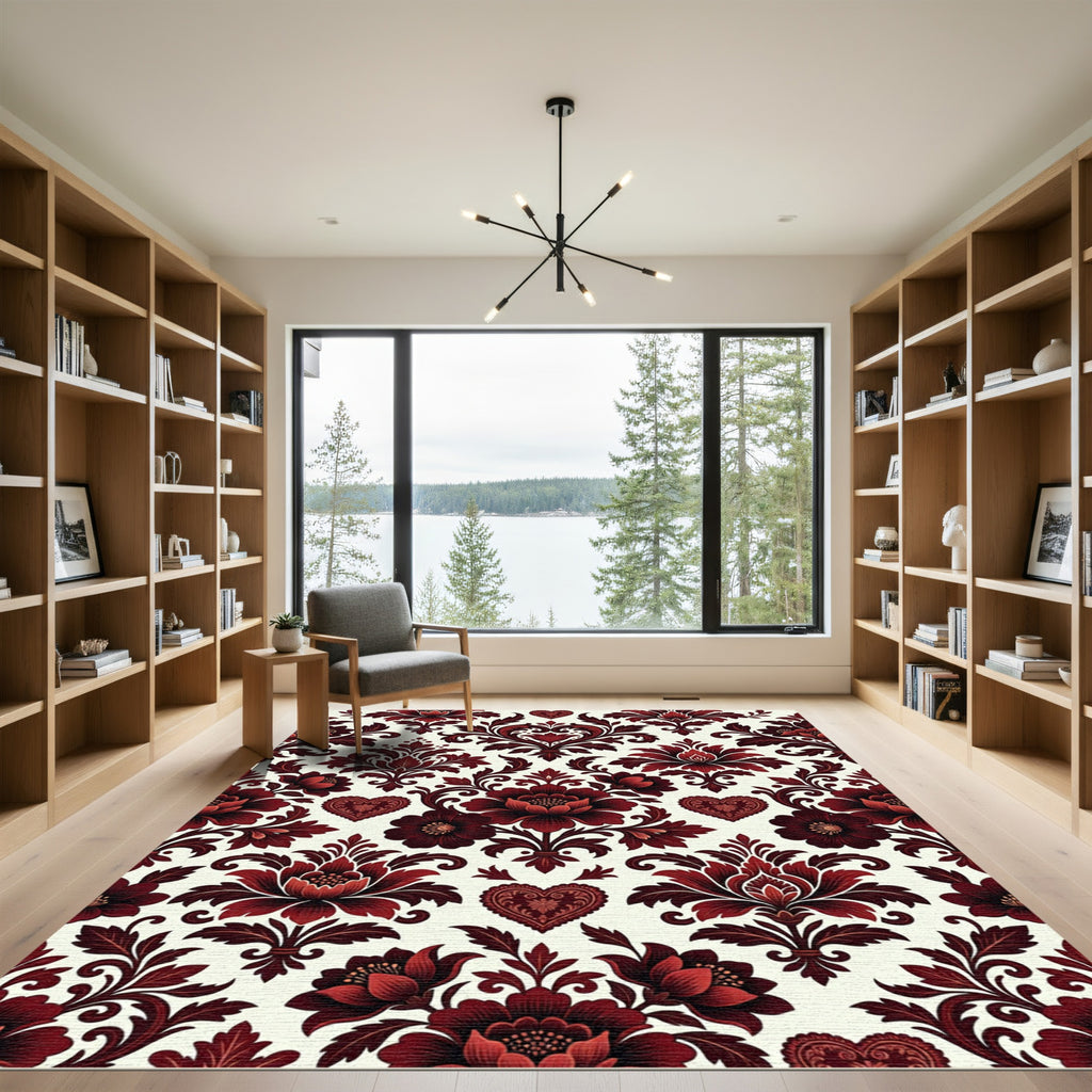 Dark Red Floral Heart Damask Rug