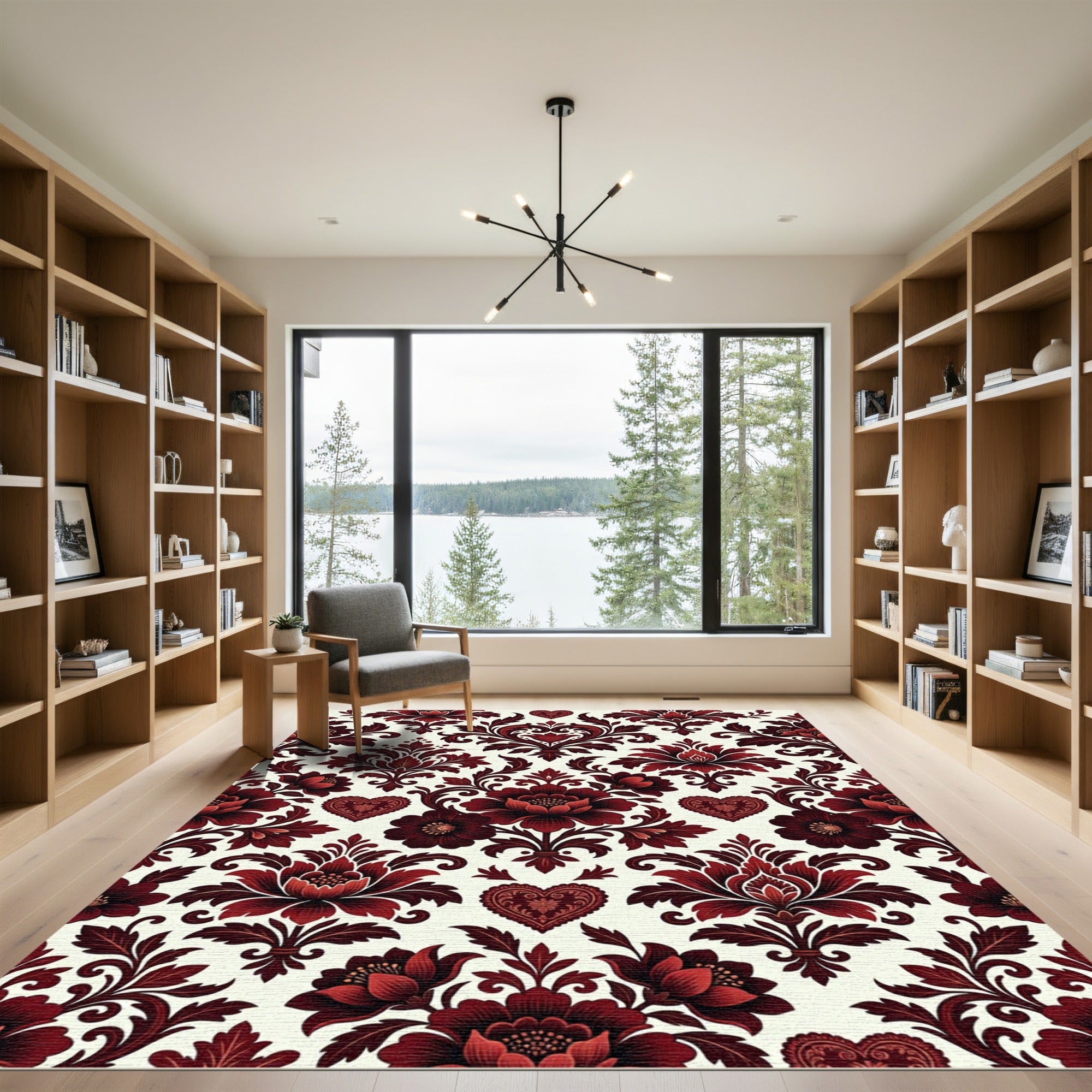 Dark Red Floral Heart Damask Rug