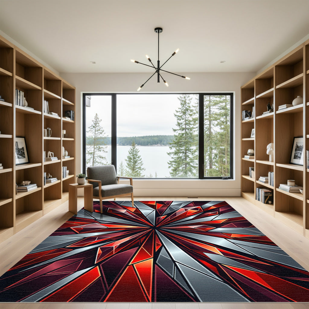 Shattered Crimson Facet Geometric Burst Rug