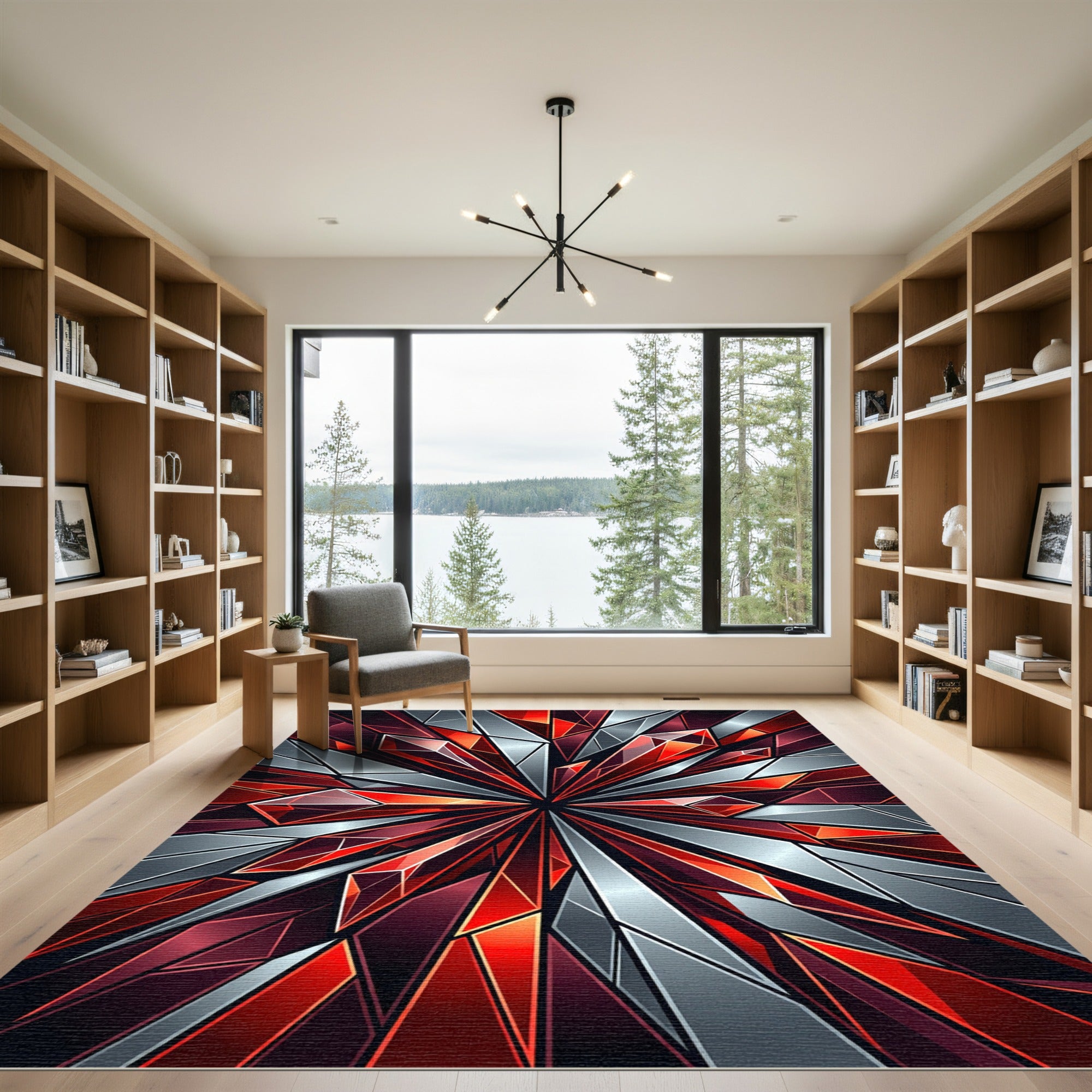 Shattered Crimson Facet Geometric Burst Rug
