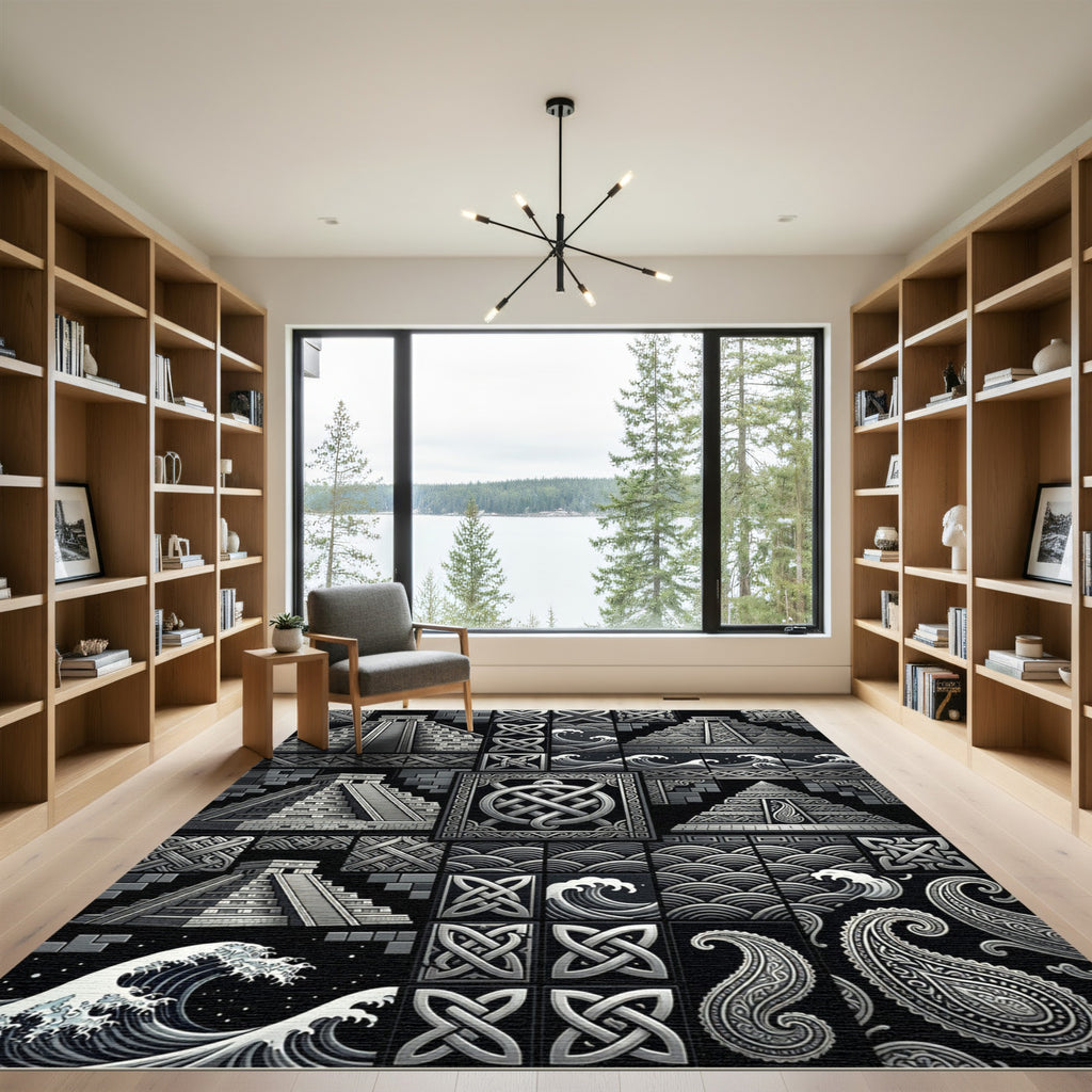 Monochromatic Black Geometric Mayan Waves Rug