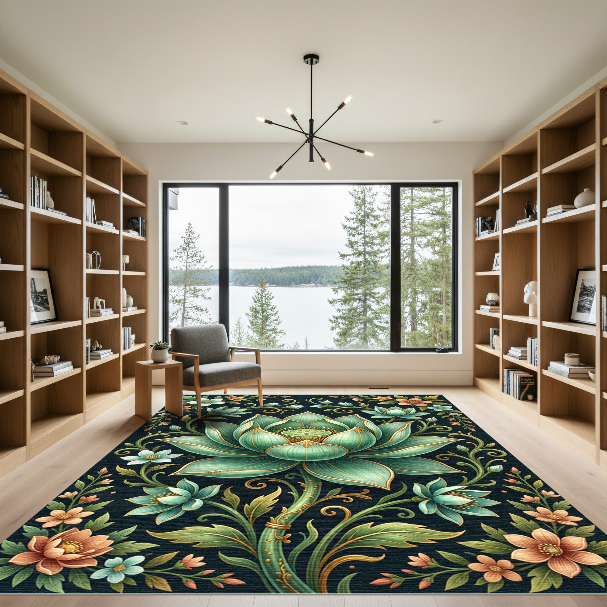 Elegant Mint Botanical Gold Lotus Rug