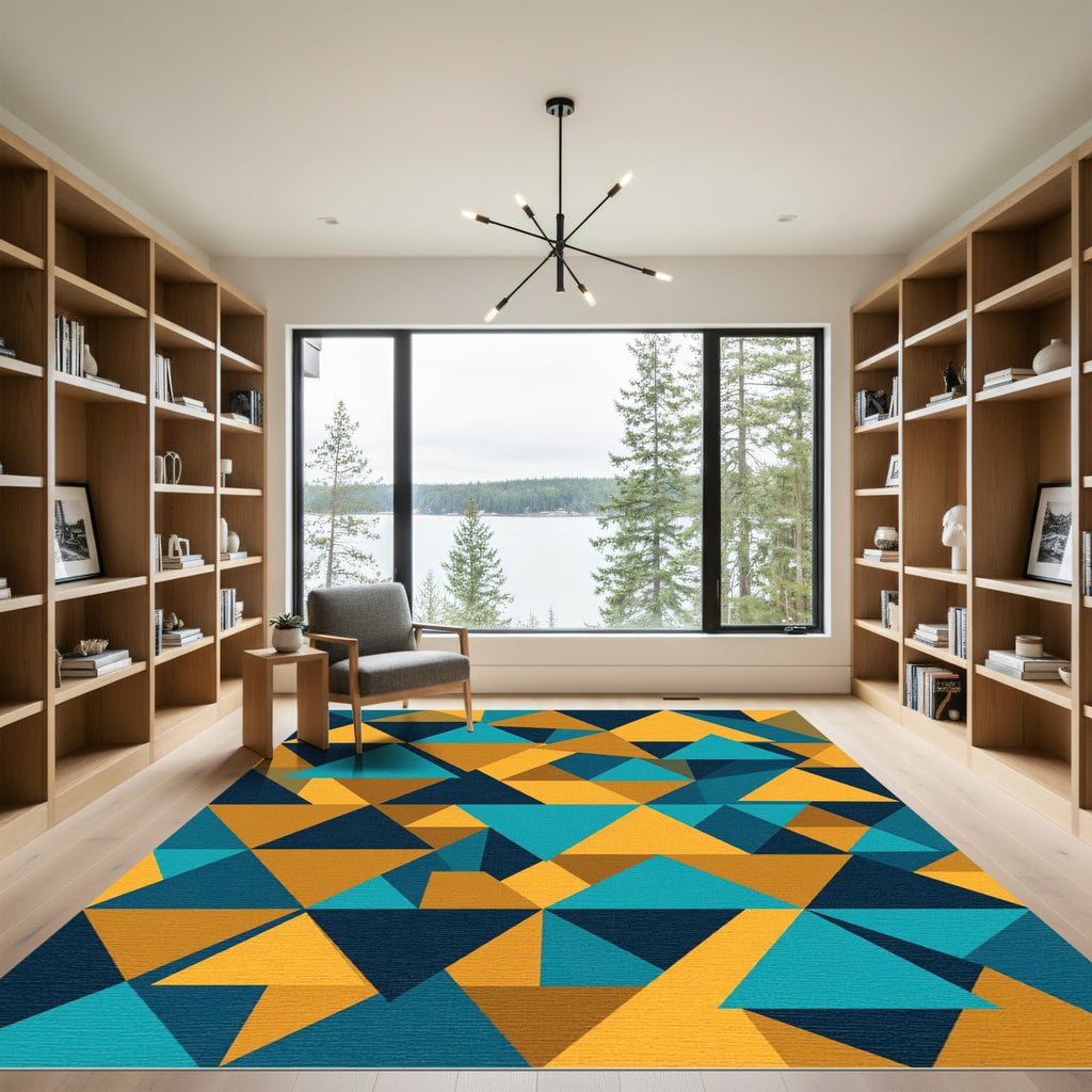 Abstract Teal Mustard Geometric Triangles Rug
