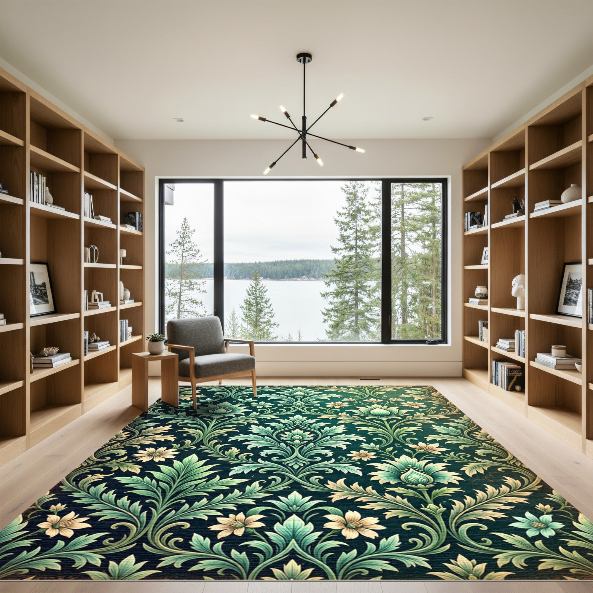 Elegant Emerald Floral Damask Scroll Rug