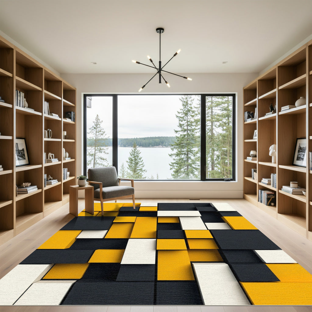 Modern Yellow Black White Geometric Block Rug