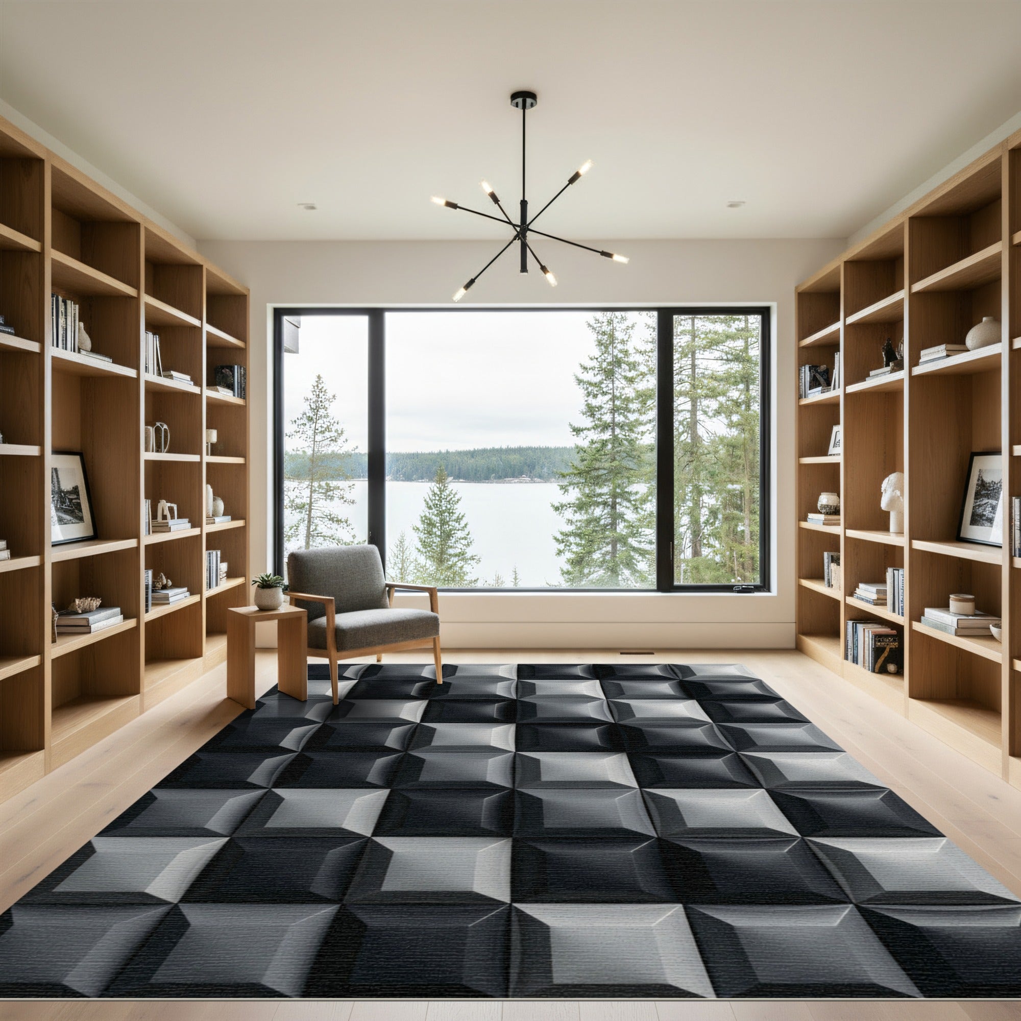 Modern Monochrome Geometric Square Grid Rug