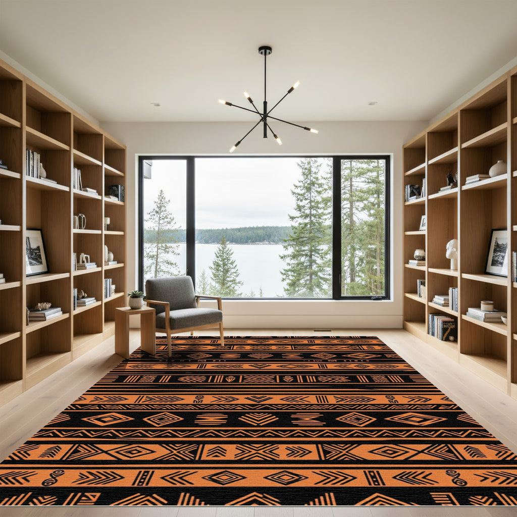 Bold Black and Orange Tribal Geometry Rug
