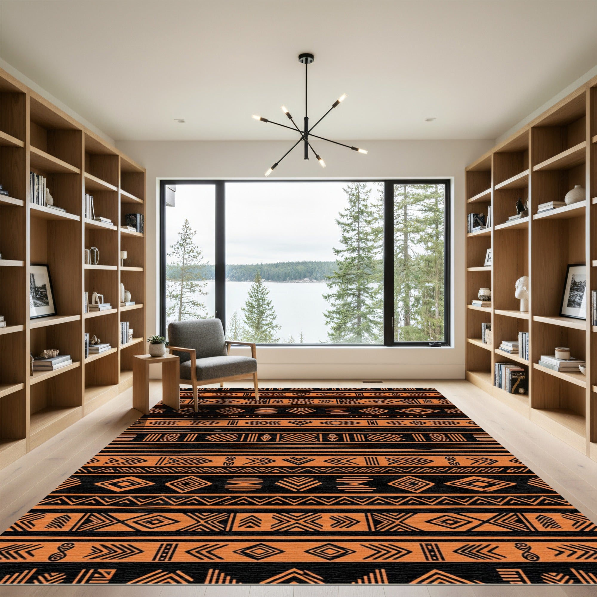 Bold Black and Orange Tribal Geometry Rug