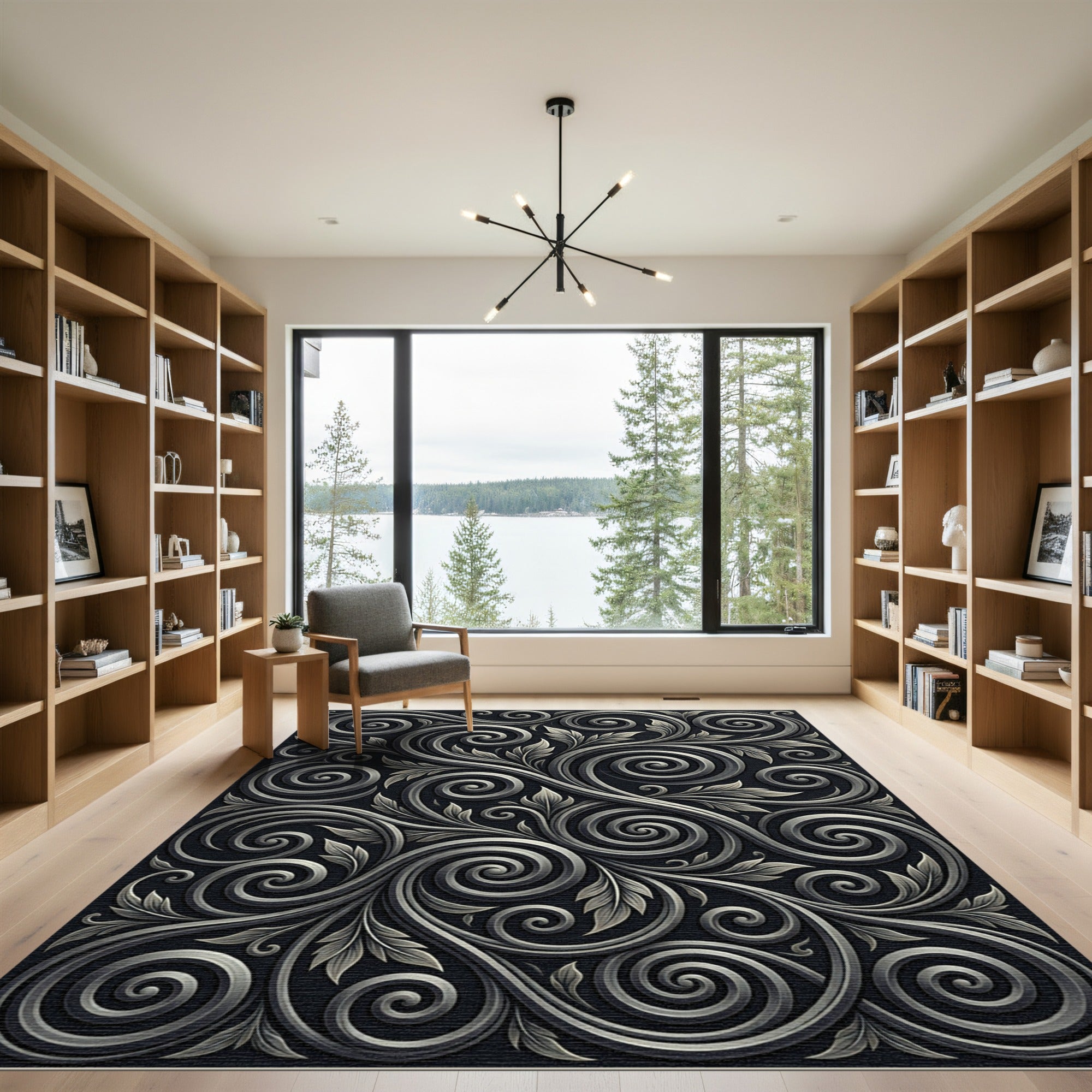 Elegant Black Silver Swirl Floral Rug