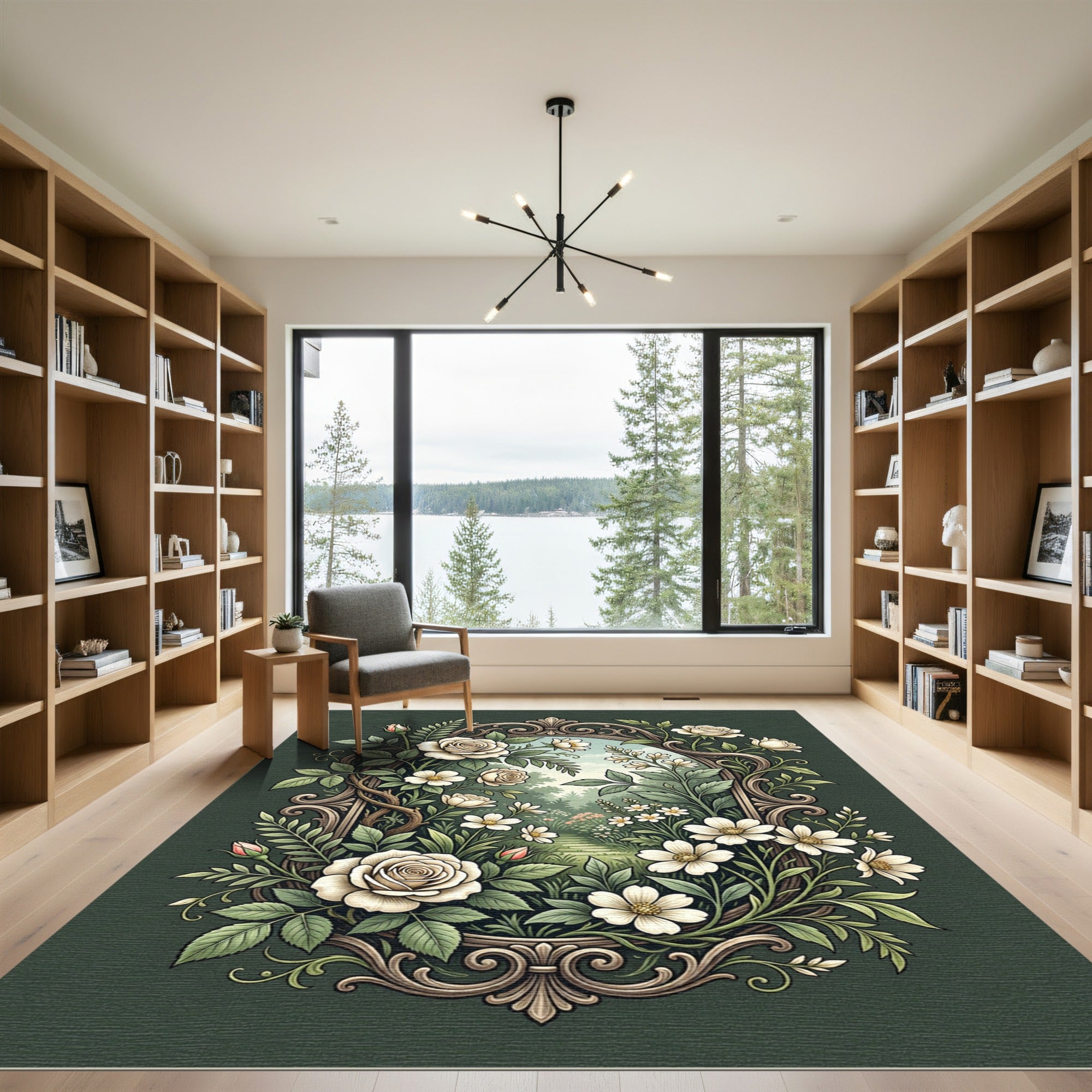 Elegant Cream Rose Filigree Floral Border Rug