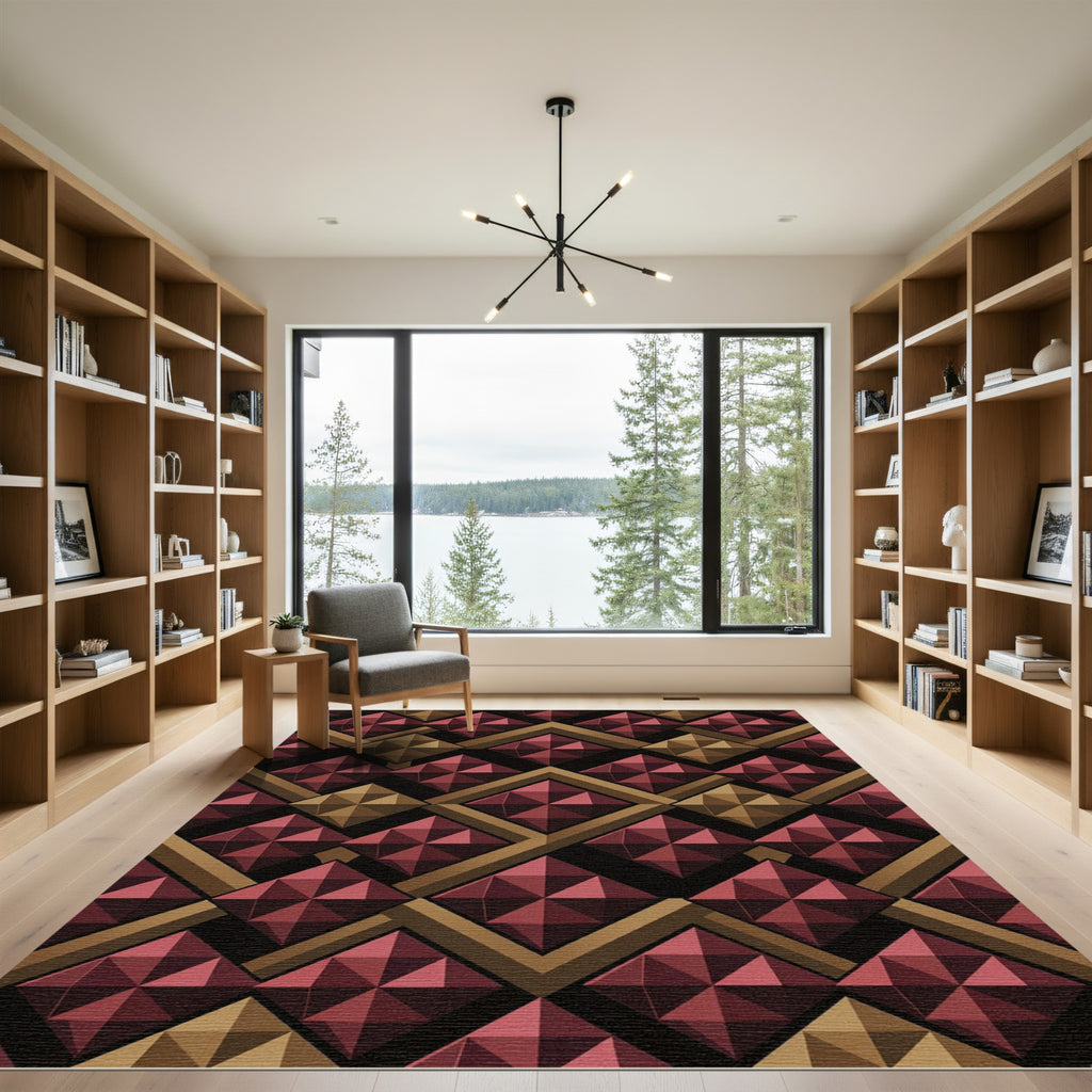 Dimensional Crimson Gold Geometric Tiles Rug