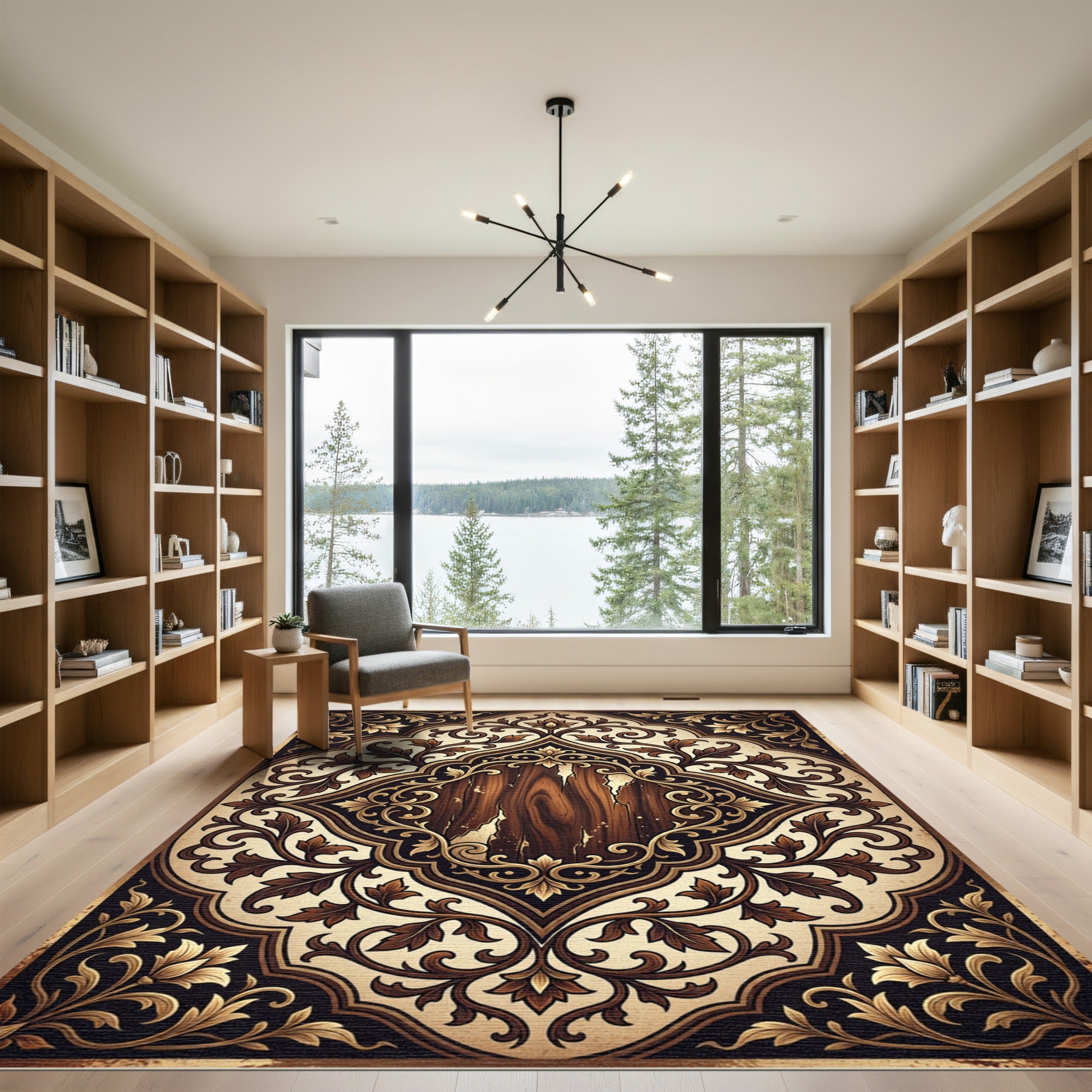 Elegant Dark Chocolate Floral Scrollwork Rug