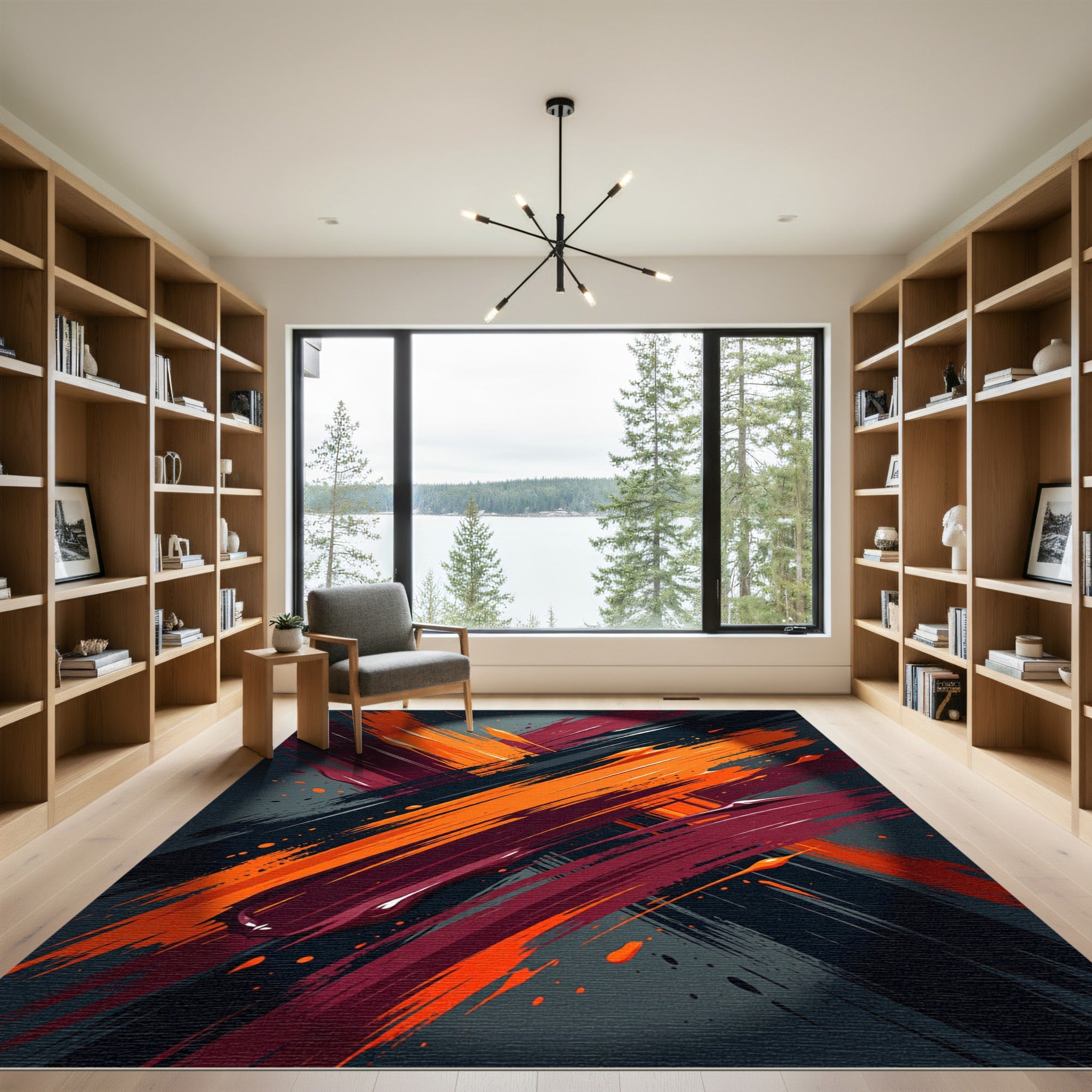 Bold Crimson Orange Abstract Strokes Rug