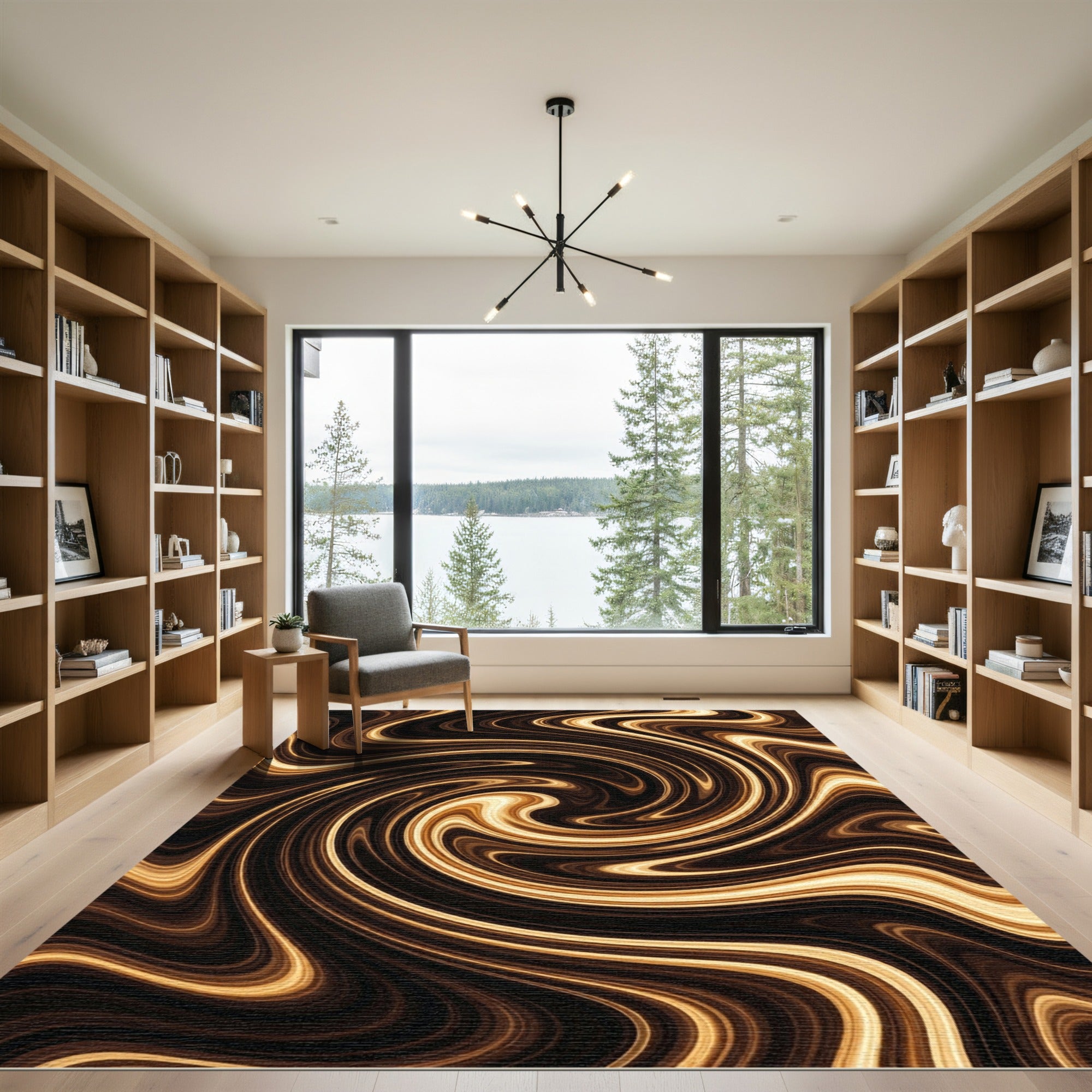 Golden Brown Abstract Liquid Swirl Rug