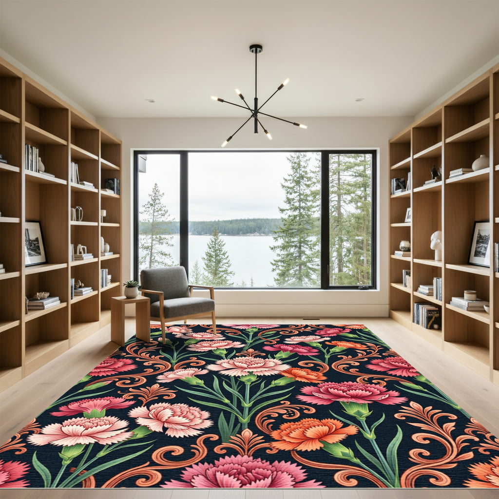 Ornate Pink Orange Carnation Flourish Rug