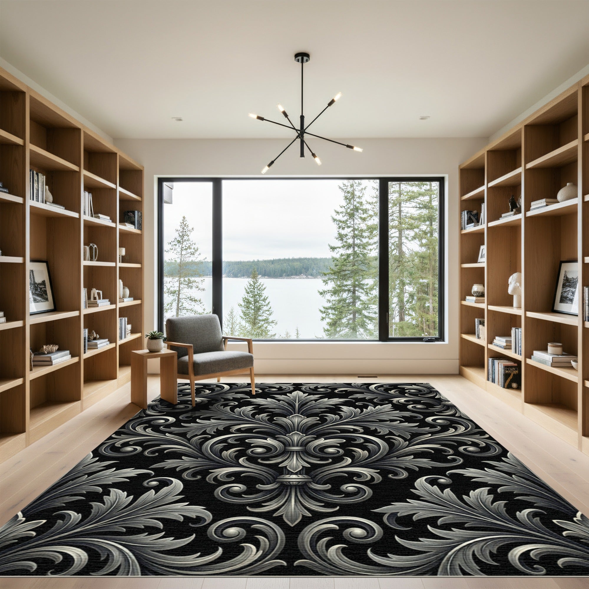 Ornate Silver Acanthus Leaf Scroll Rug