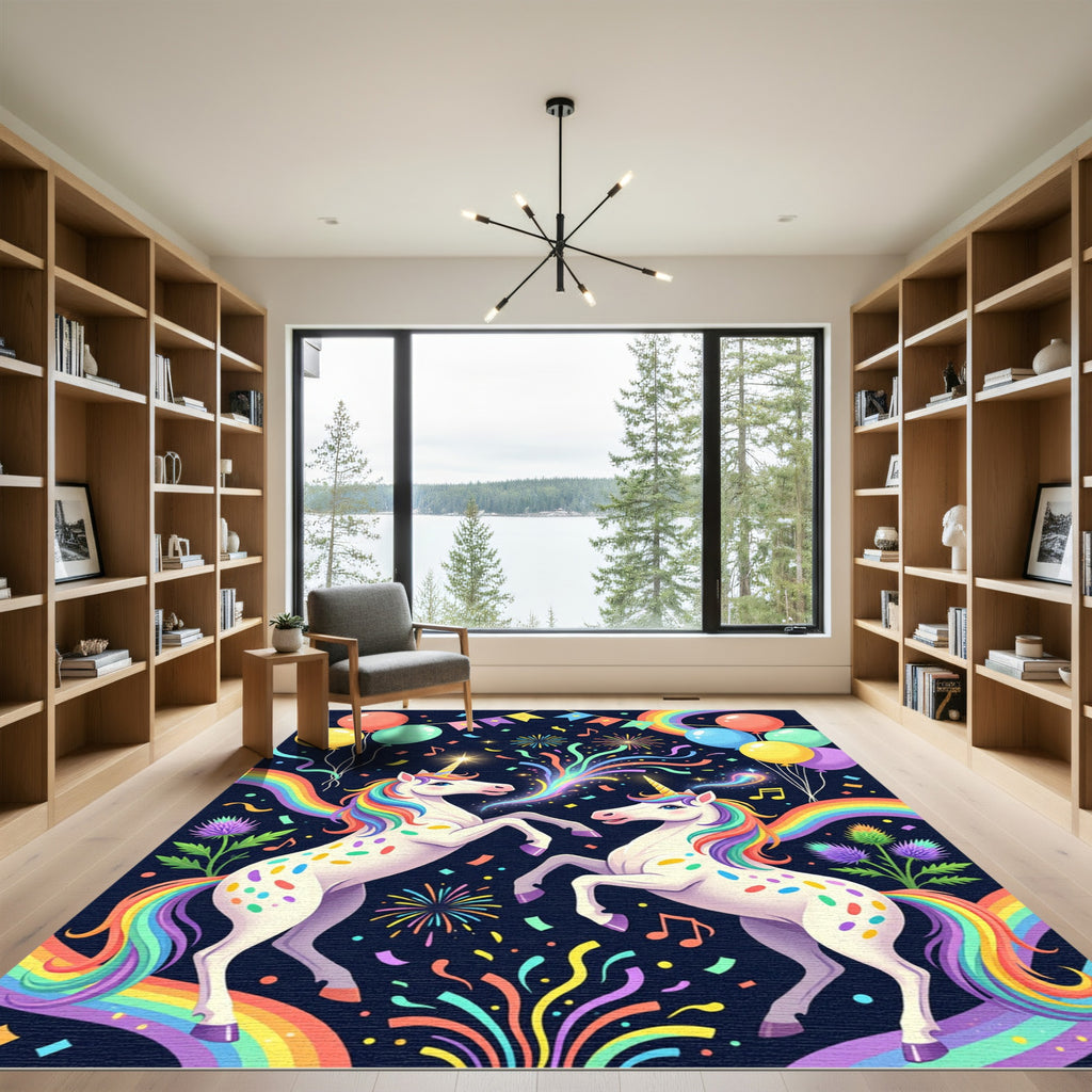 Whimsical Rainbow Unicorn Celebration Art Rug