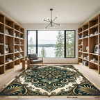 Antique Emerald Gold Ornate Foliage Medallion Rug