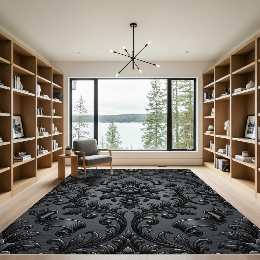 Ornate Dark Gray Floral Scroll Rug