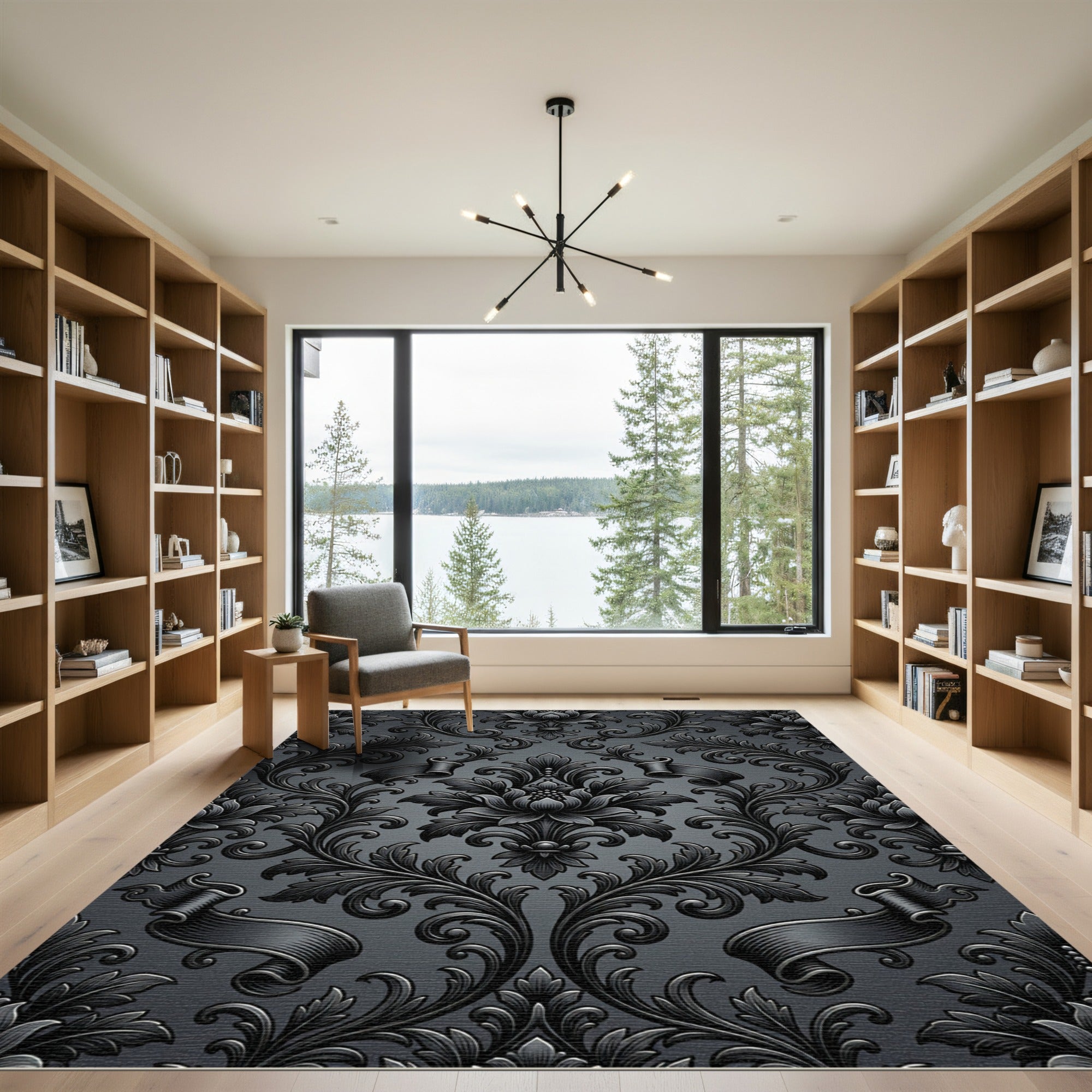 Ornate Dark Gray Floral Scroll Rug