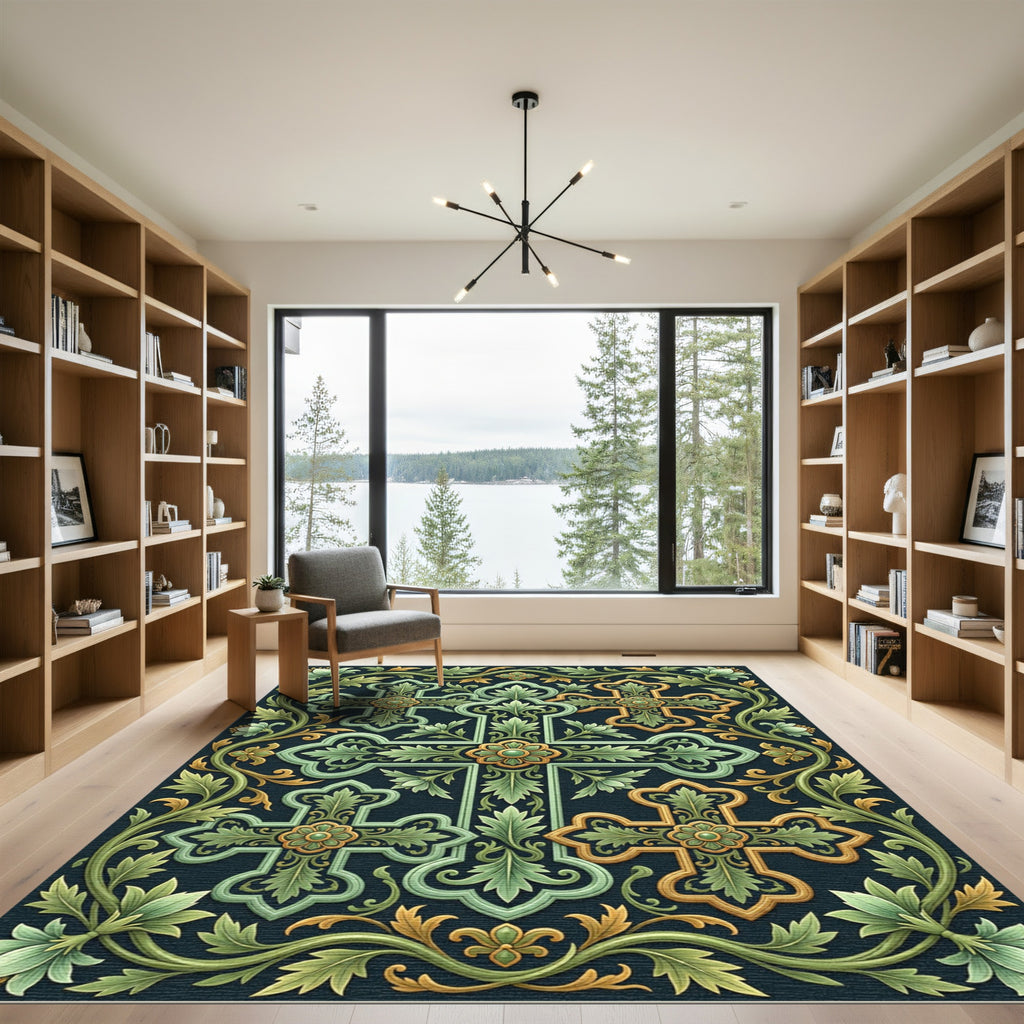 Ornate Green Gold Floral Cross Rug