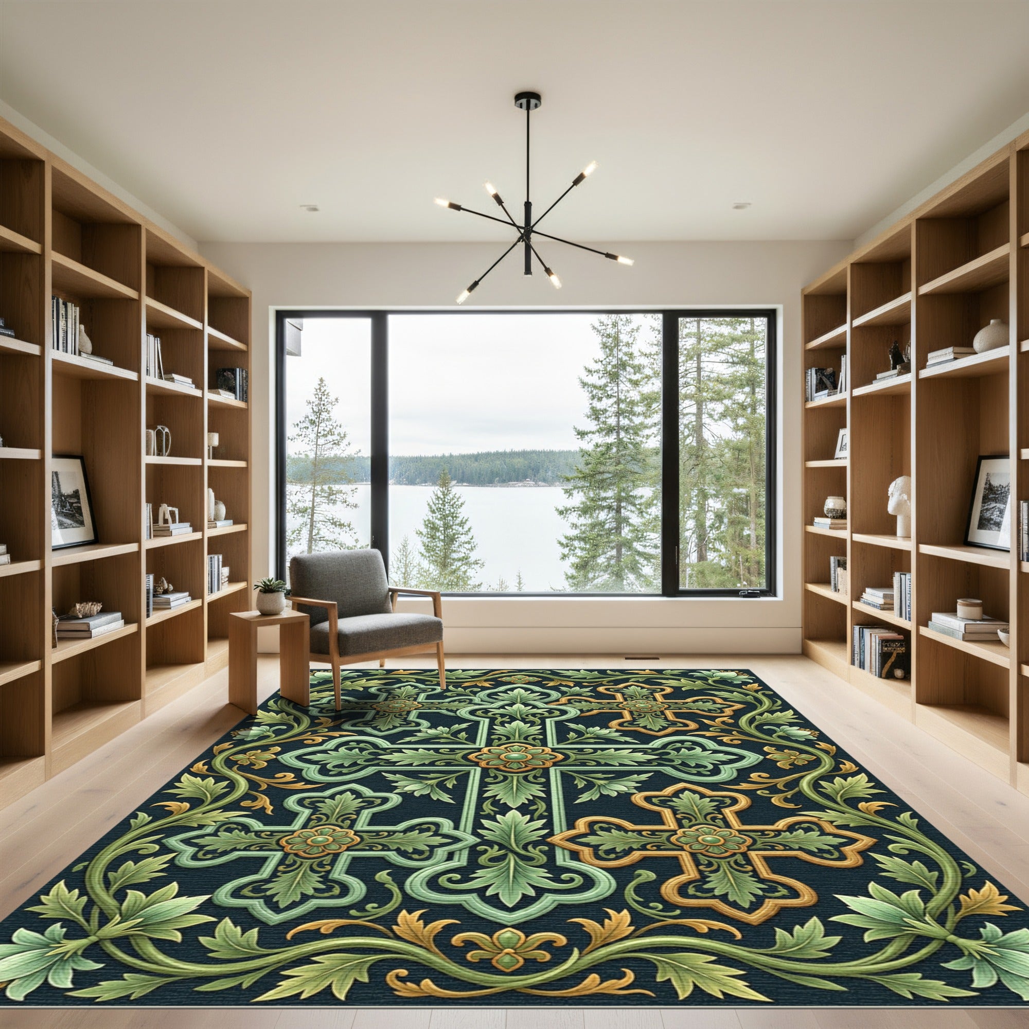 Ornate Green Gold Floral Cross Rug