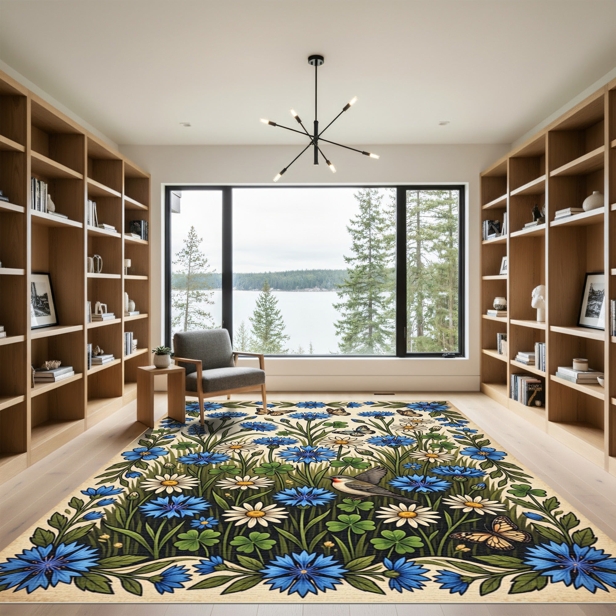 Blue Cornflower and Daisy Botanical Meadow Rug