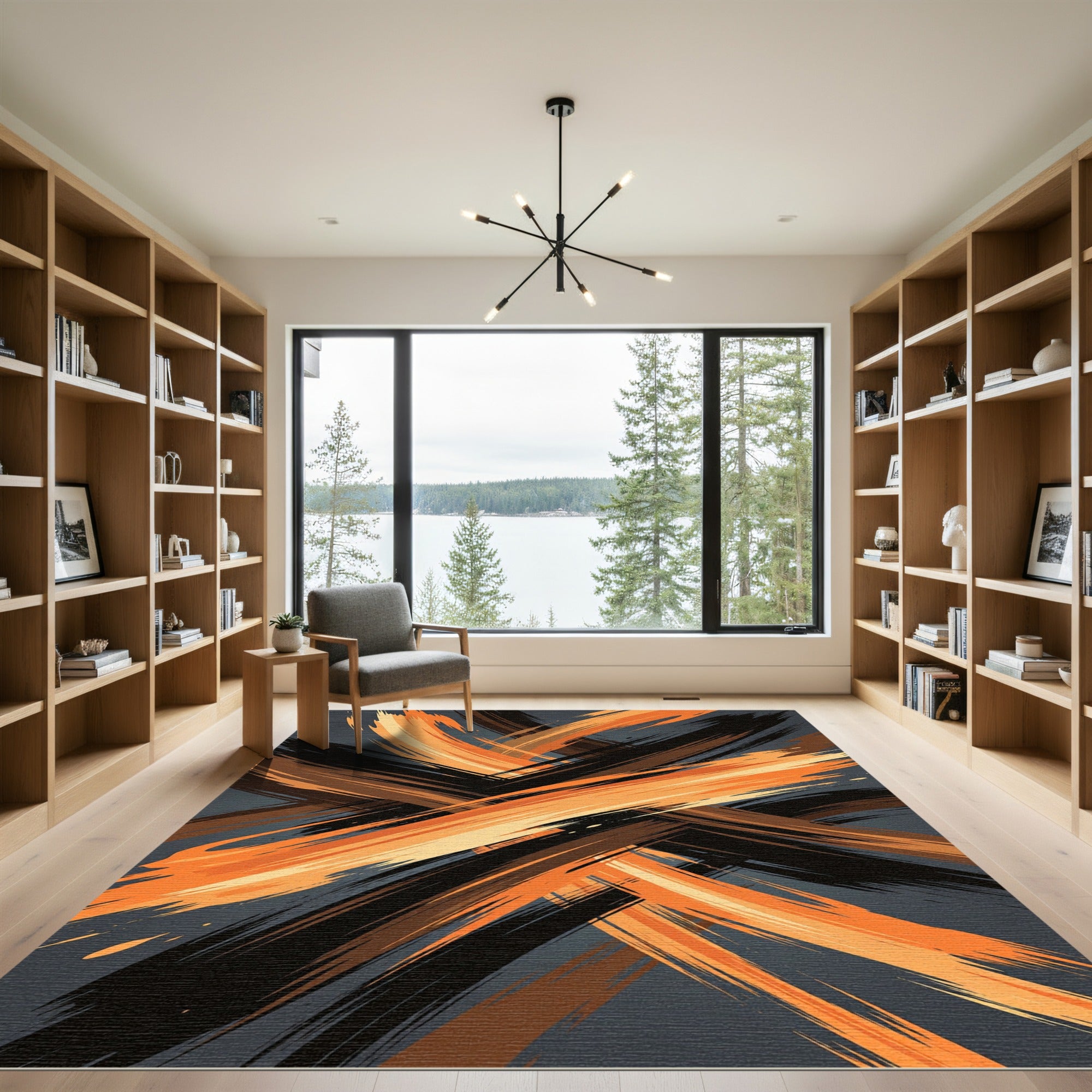 Dynamic Amber and Charcoal Abstract Swirl Rug