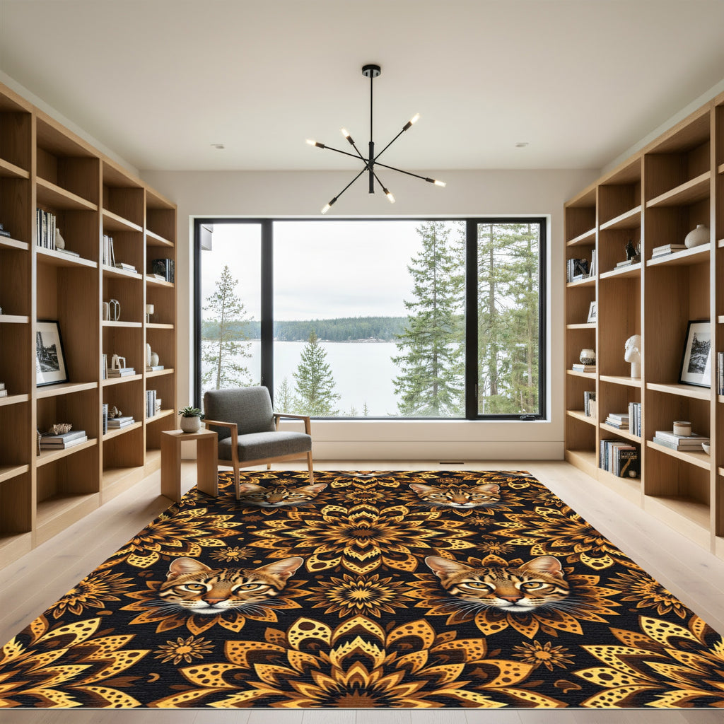 Golden Cat Floral Mandala Art Rug