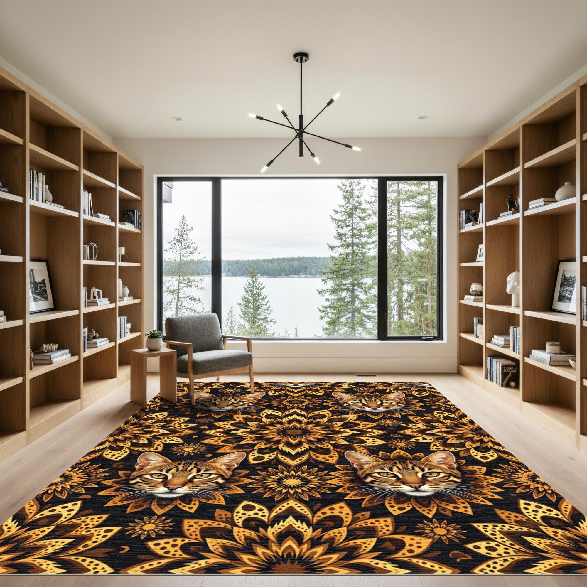 Golden Cat Floral Mandala Art Rug
