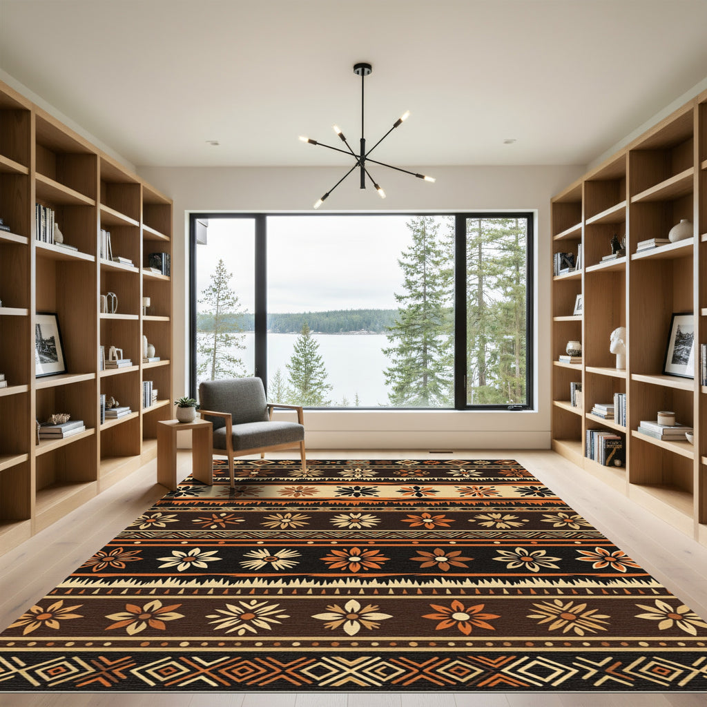 Earthy Brown Orange Floral Geometric Stripes Rug